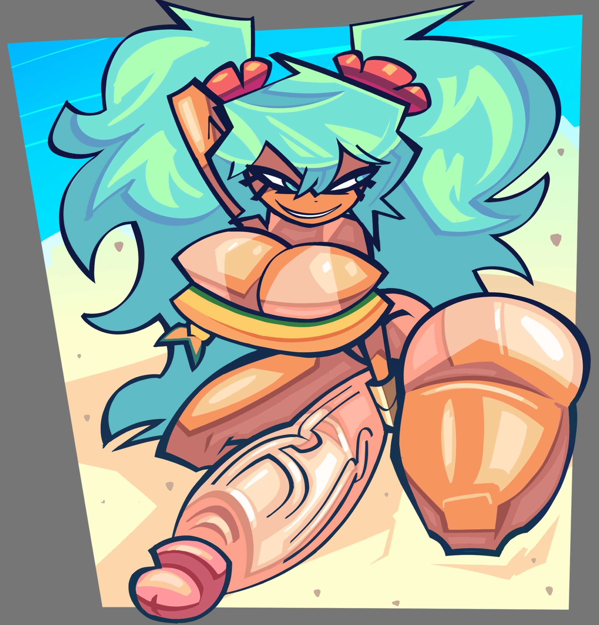 1boy, 1futa, 1girl, aqua hair, arms up, ass, balls, beach, big ass, big breasts, big hair, bikini, bracelet, brazilian miku, breasts, burger, cleavage, dark skin, dark-skinned female, earrings, erection, female, futanari, green hair, grin, hair flower, hair ornament, hatsune miku, hetero, huge breasts, huge penis, intersex, jewelry, large penis, long hair, lottieplus, penis, shorts, smile, solo, solo female, solo focus, squatting, swimsuit, tan, tan markings, testicles, thick, thick thighs, toes, twintails, veins, veiny penis, very long hair, vocaloid, yellow shirt