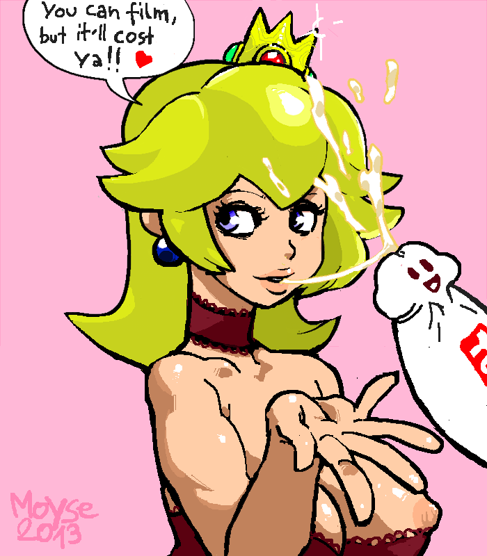 breasts clothes color crown cum english_text female human looking_at_viewer looking_right male mario_(series) moyse nintendo nipples penis piercing princess_peach side_view straight tagme text