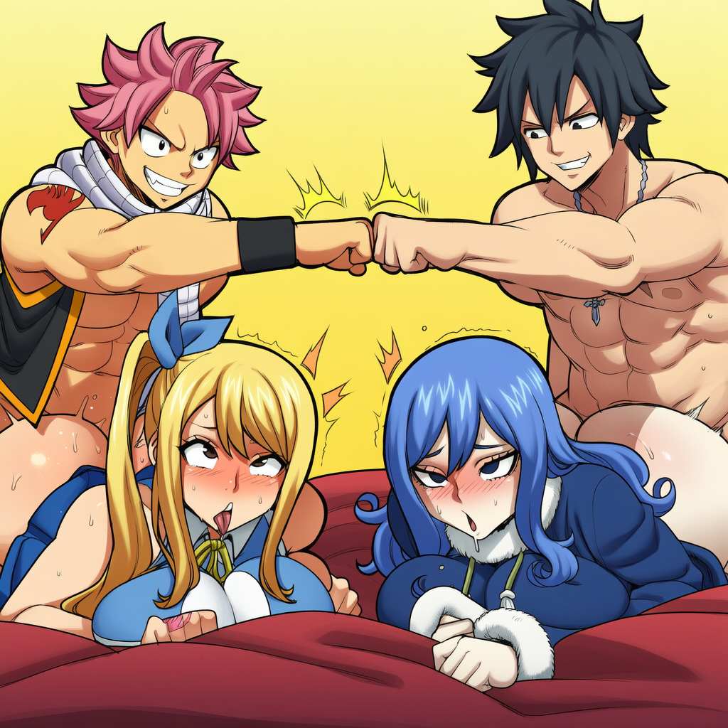 2boys, 2girls, ai generated, ass, big ass, big breasts, black hair, black-haired male, blonde hair, blonde-haired female, blue hair, blue-haired female, breasts, doggy style, fairy tail, fairy tail mark, female, fist bump, foursome, gray fullbuster, group, group sex, hand tattoo, juvia lockser, lucy heartfilia, male, moaning, mullon, muscular, muscular male, natsu dragneel, on front, pink hair, pink tattoo, pink-haired male, red tattoo, sex, shoulder tattoo