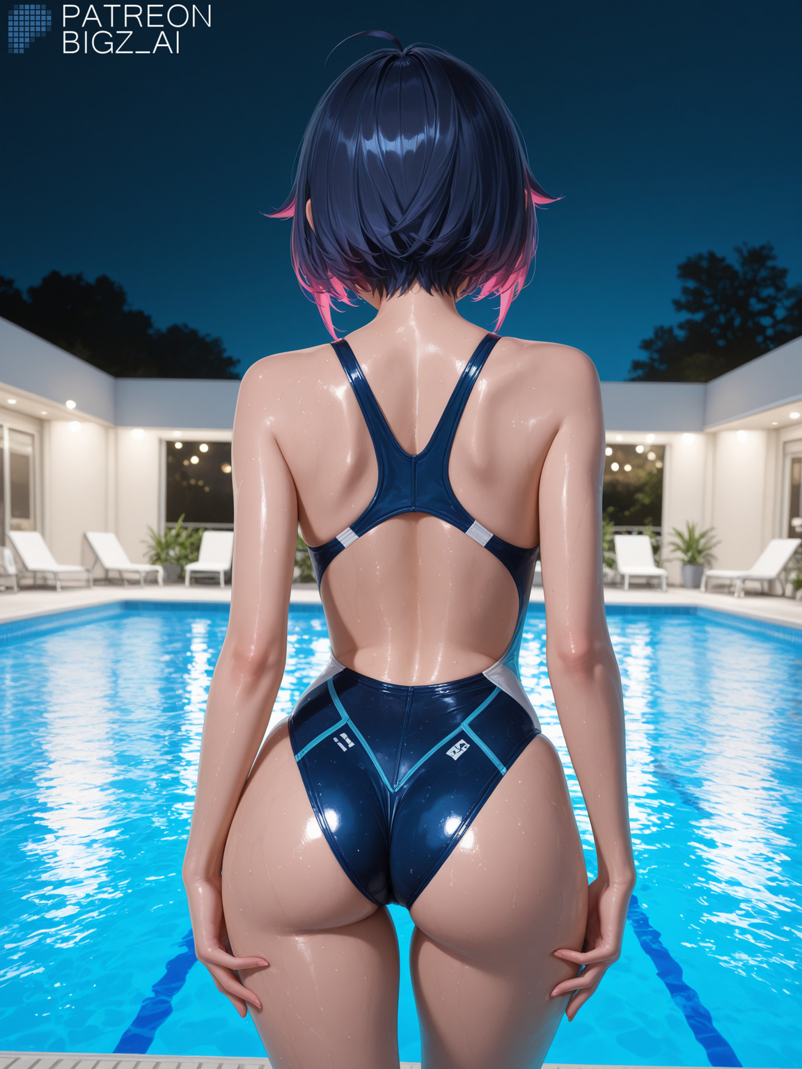 1girls, absurd res, ai generated, artist name, ass, belle (zenless zone zero), belly, big ass, bigz ai, clothing, curvy, curvy figure, female, female only, highres, hoyoverse, huge ass, large ass, light skin, light-skinned female, mihoyo, multicolored hair, night, one-piece swimsuit, pink eyes, pink hair, pool, purple eyes, purple hair, shiny skin, short hair, smile, swimming pool, swimsuit, swimwear, thin waist, tight clothing, wet, wide hips, zenless zone zero