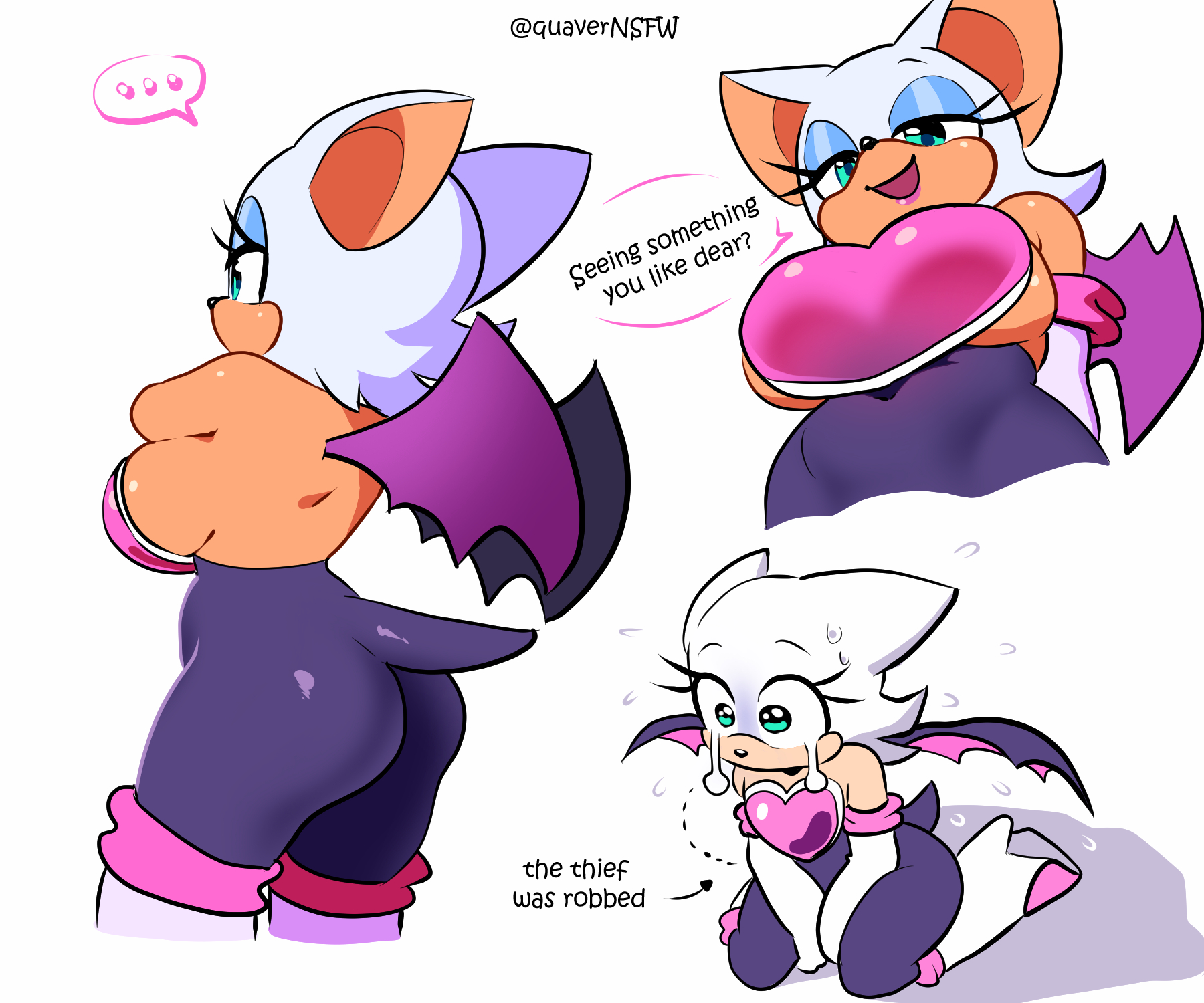 1girls, anthro, ass, bat, bat wings, big ass, big breasts, blue eyes, breasts, chiropteran, crying, curvy, dialogue, english text, female, fit female, full breasts, heavy breasts, hourglass figure, huge breasts, kneeling, looking at viewer, makeup, mobian (species), multiple poses, navel visible through clothes, overflowing breasts, plump, quavernsfw, rouge the bat, sexy, sideboob, size comparison, skin tight, smile, solo, sonic (series), sonic the hedgehog (series), spandex, tail, talking to viewer, tears, text, underboob, well endowed, white hair, wide hips, wings