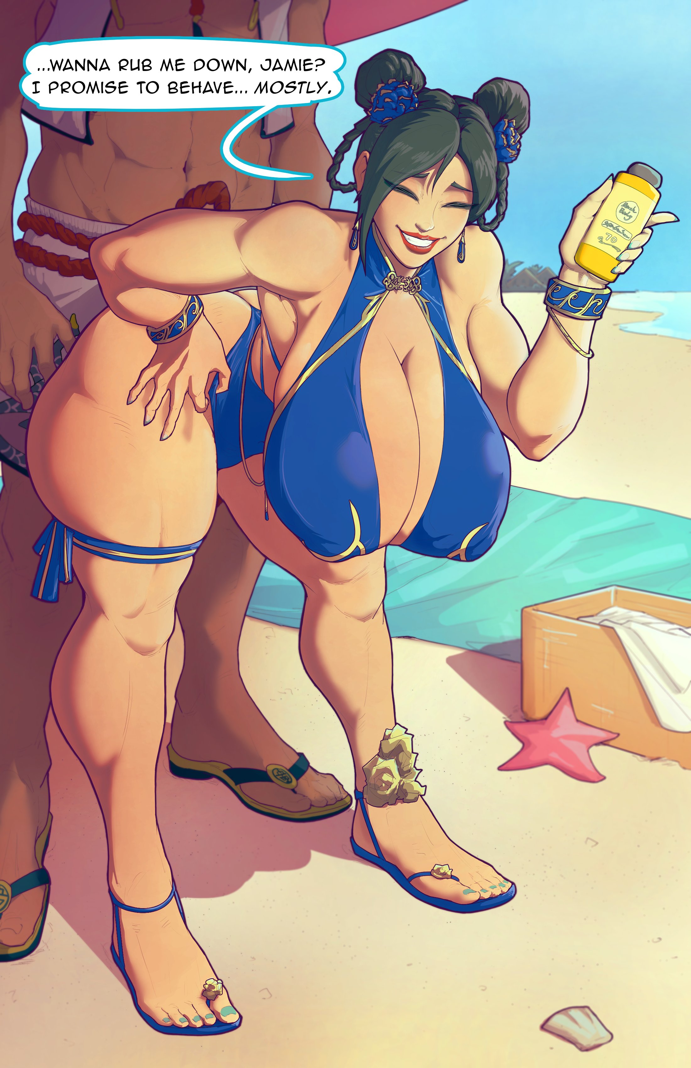 1boy, 1girl, 1girls, alternate costume, beach, bent over, big ass, big breasts, bracelet, breasts, chun-li, cleavage, closed eyes, double bun, english text, female, full body, gigantic breasts, huge breasts, jamie siu, jewelry, muscle, nail polish, sagnokart, sand, sandals, smile, solo focus, standing, straight, street fighter, street fighter 6, swimsuit, text, thick thighs, thighs, toenail polish, toes