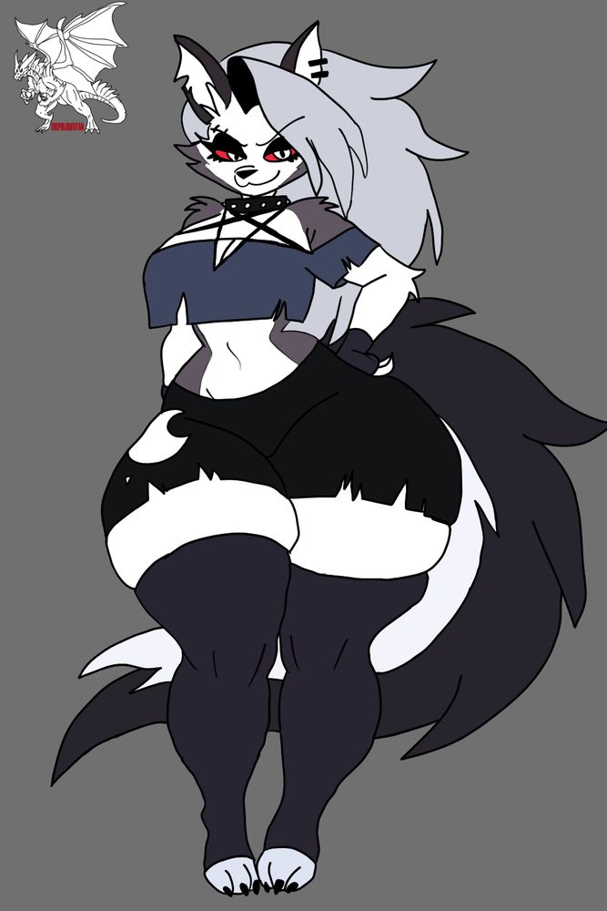 1girls, anthro, ass, big ass, big breasts, bluesky link, bottom heavy, breasts, canine, collar, crop top, demon, demon girl, ear piercing, ears, female, fingerless gloves, fur, furry, furry female, goth, goth girl, grey body, grey fur, grey hair, hands on hips, hellhound, helluva boss, huge ass, leggings, long hair, loona (helluva boss), medium breasts, no bra, notched ear, pentagram top, red sclera, shorts, smile, smiling, smiling at viewer, spiked collar, tail, thepolishtitan, thick, thick thighs, thighhighs, two-tone body, two-tone fur, two-tone tail, voluptuous, white body, white eyes, white fur, wide hips, wolf, wolf girl
