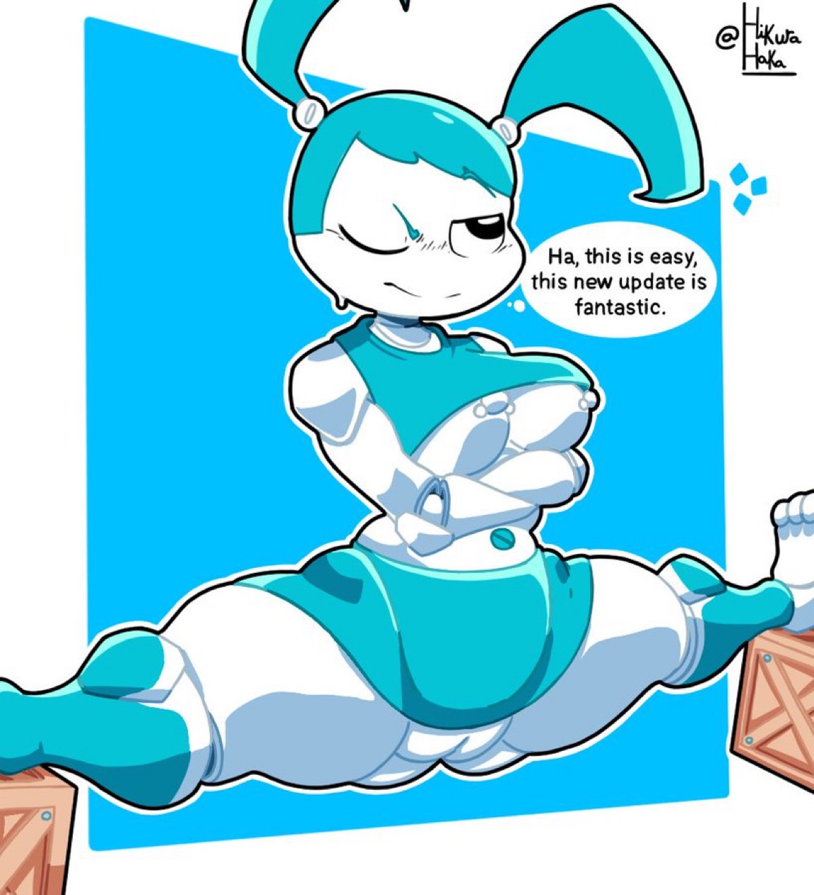 artist name, artist signature, blue hair, breasts, breasts out, crate, cyan hair, double ponytail, female, frustrated, hikurahaka, jenny wakeman, karikhuri, my life as a teenage robot, nipples, robot, robot girl, stretching, tagme