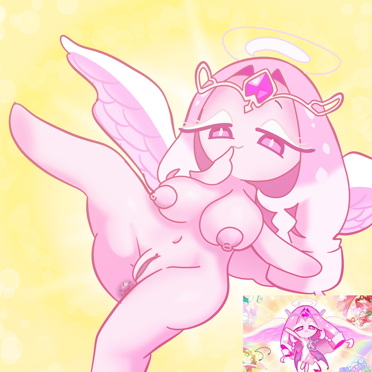 1girls, barefoot, boobs out, breasts, completely nude, completely nude female, cookie run, cookie run kingdom, eternal sugar cookie, female, female only, naked, naked female, not my art, nude, nude female, pink body, pink eyes, pink hair, pink nipples, pussy, smile, solo, solo female, soreoda, wings