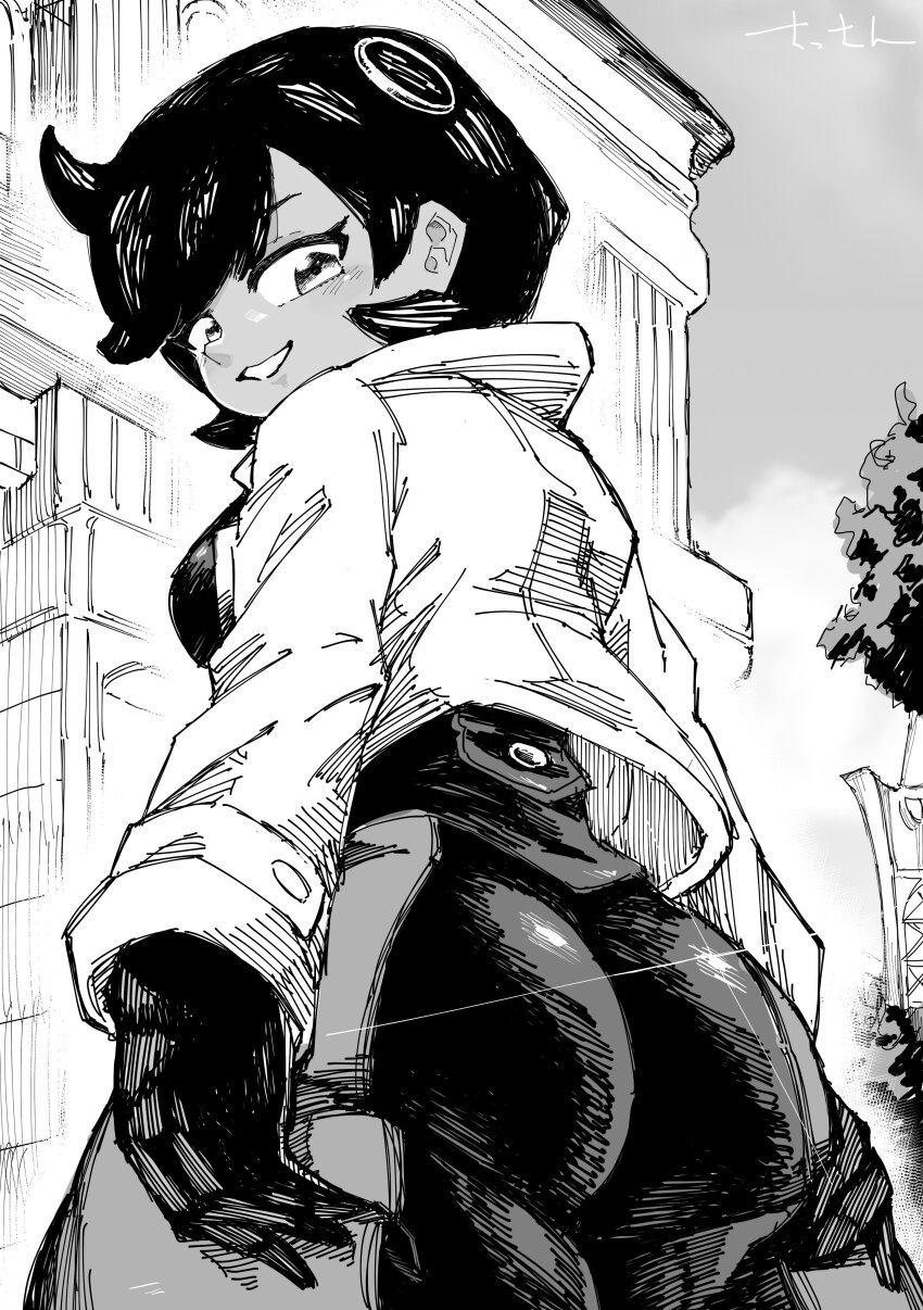 absurdres, artist name, ass, black and white, bodysuit, breasts, building, commentary request, cowboy shot, cropped jacket, dark skin, dark-skinned female, emma (pokemon), female, flipped hair, from behind, from below, game freak, glint, gloves, grabbing own ass, greyscale, grin, hair ornament, highres, latex, latex bodysuit, looking at viewer, matiere (pokemon legends: z-a), matiere (pokemon), medium breasts, monochrome, nintendo, outdoors, pokemon, pokemon legends: z-a, sassan s, short hair, sky, smile, solo, swept bangs
