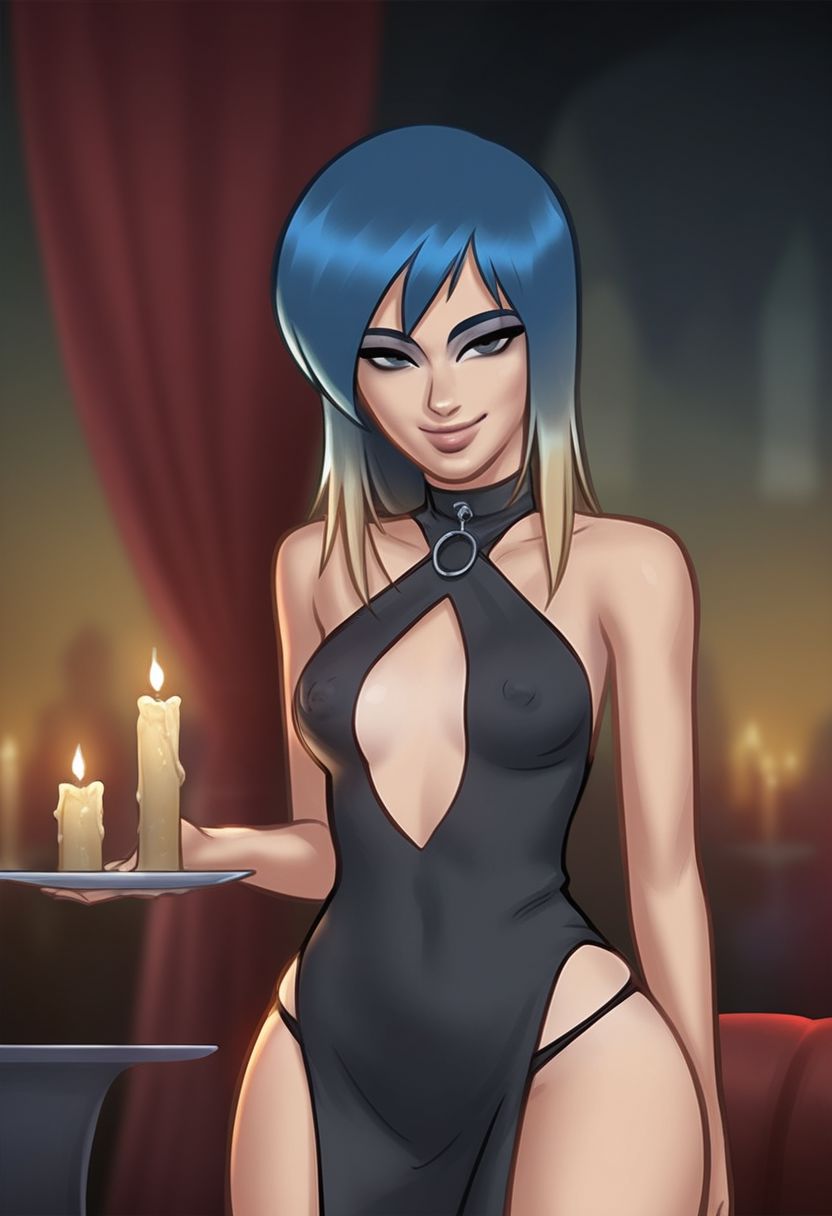1girls, 2d, ai generated, blue eyes, blue hair, breasts, candle, candles, civitai, cleavage, digital drawing (artwork), dress, eve (summertime saga), female, female focus, female only, light skin, light-skinned female, nipples, nipples visible through clothing, small breasts, summertime saga, teenage female, teenager, toberbog, two-tone hair