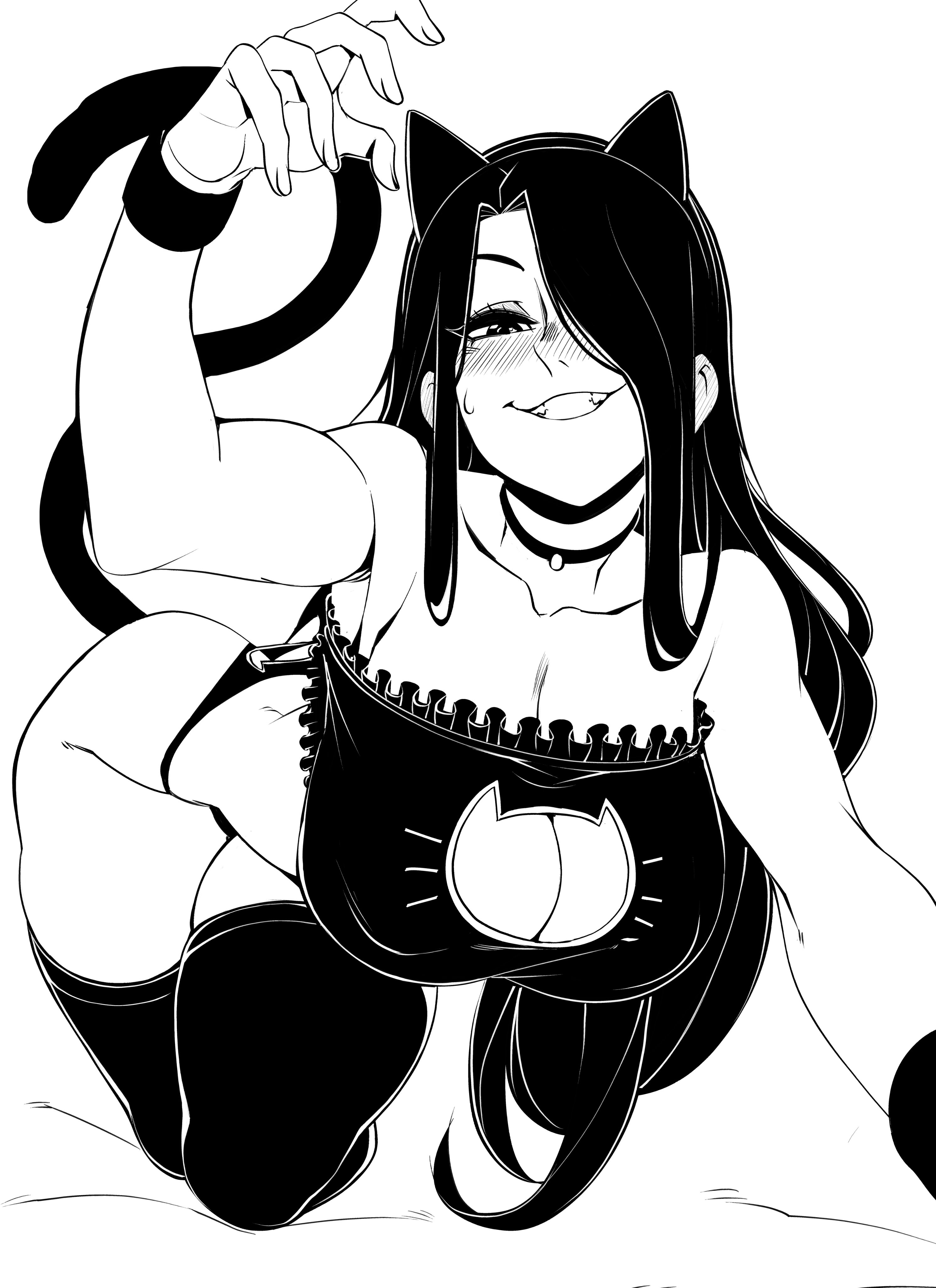 2d, 2d (artwork), ass, big breasts, black hair, blush, breasts, butt crack, cat ears, cat lingerie, cat tail, cat tail buttplug, collar, digital media (artwork), female, hair over one eye, kize art, long hair, looking at viewer, nila (telepurte), seductive, seductive eyes, seductive look, seductive pose, seductive smile, thick thighs, thighhighs, thighs