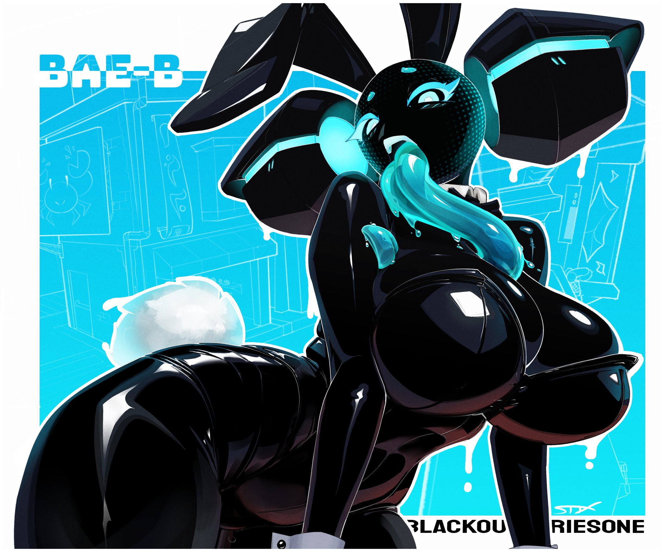1girls, bae-b (stixdraws), bedroom eyes, big breasts, black face, bra, breasts, breasts bigger than head, cleavage, dripping, female, female focus, female only, holding down, huge breasts, looking at viewer, muscular, pinning down, pov, robot, robot girl, robot humanoid, slime, slime (substance), slime girl, smirking, smirking at viewer, stixdraws, sweat, sweatdrop, sweaty, tagme, toned, translucent, translucent body, translucent tongue