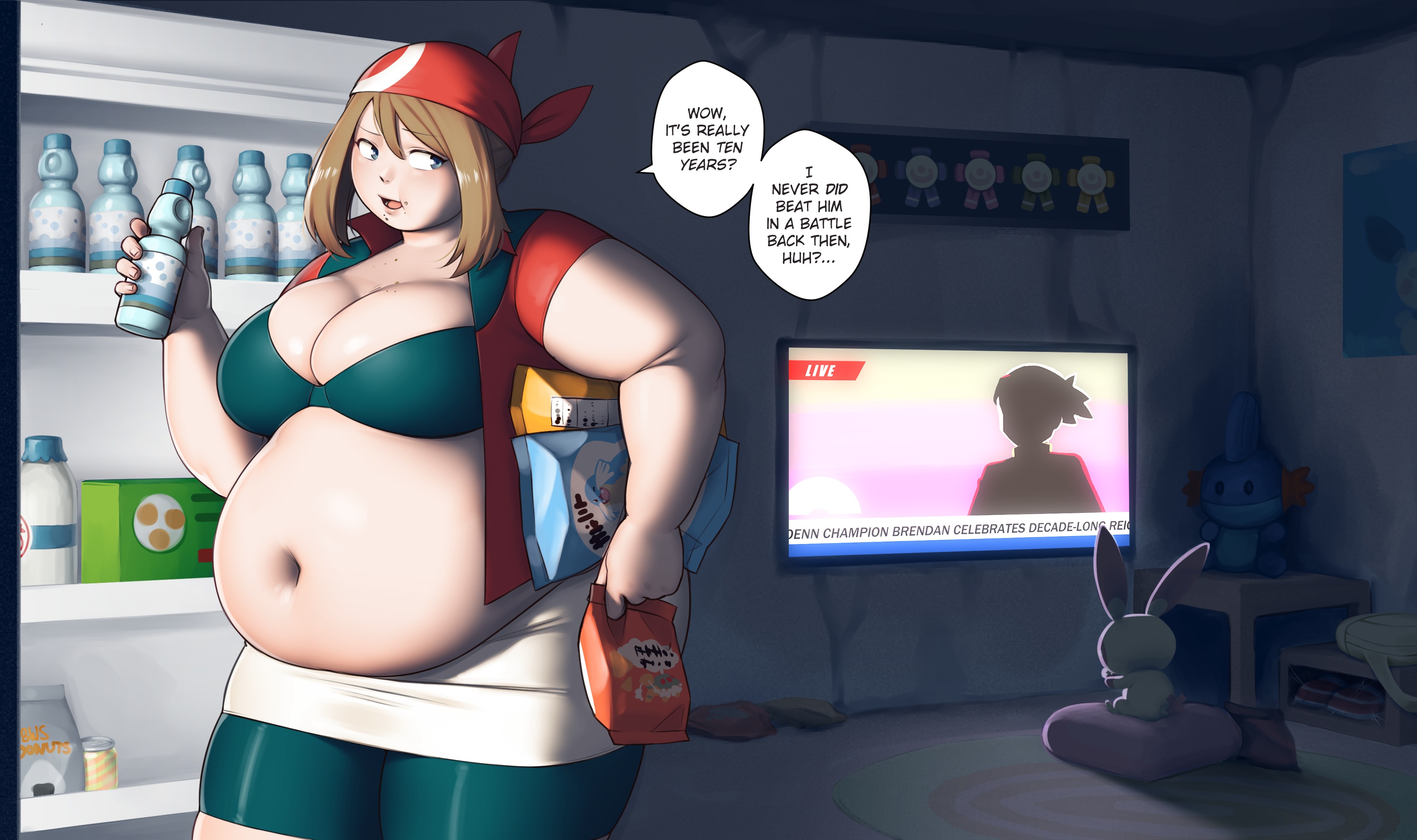 bbw, belly overhang, better with salt, big belly, big breasts, big female, blush, breasts, chips, chips (food), chubby, chubby female, embarrassed, fat, fat ass, fat female, fat fetish, fat woman, fatty, female, large female, may (pokemon), obese, obese female, overweight, overweight female, plump, pokemon, pokemon rse, speech bubble, thick thighs, tubby, weight gain