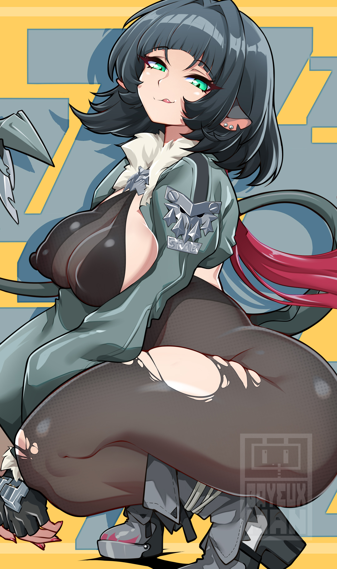 1girls, areola, ass, bayeuxman, big areola, big ass, big breasts, big nipples, big thighs, black hair, breasts, butt, butt focus, erect nipples, female, female focus, female only, gigantic ass, gigantic thighs, hoyoverse, huge ass, huge breasts, huge thighs, jane doe (zenless zone zero), looking at viewer, mihoyo, new eridu public security, nipples, nipples bulge, nipples visible, nipples visible through clothing, pantyhose, rat ears, rat girl, rat tail, ripped clothing, ripped pantyhose, shorts, solo, solo female, tagme, thick hips, thick thighs, thighs, zenless zone zero