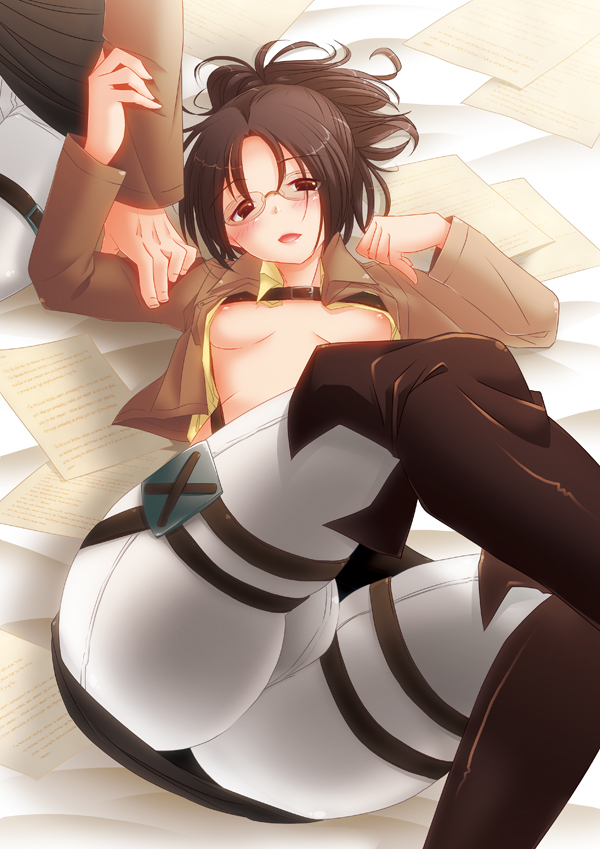 1girls 1other 2010s 2013 2d 2d_(artwork) 2people adult adult_female areolae attack_on_titan big_ass blush boots breast_slip breasts brown_eyes brown_hair clothing fair-skinned_female fair_skin glasses hanji_zoe human human_female human_only laying_on_back light-skinned_female light_skin looking_at_viewer mostly_clothed nipples no_sex open_clothes open_mouth open_shirt paper papers phat_ass realistic_proportions small_breasts straight_hair thick_ass thick_thighs thigh_boots thighhighs thighs uniform young_woman