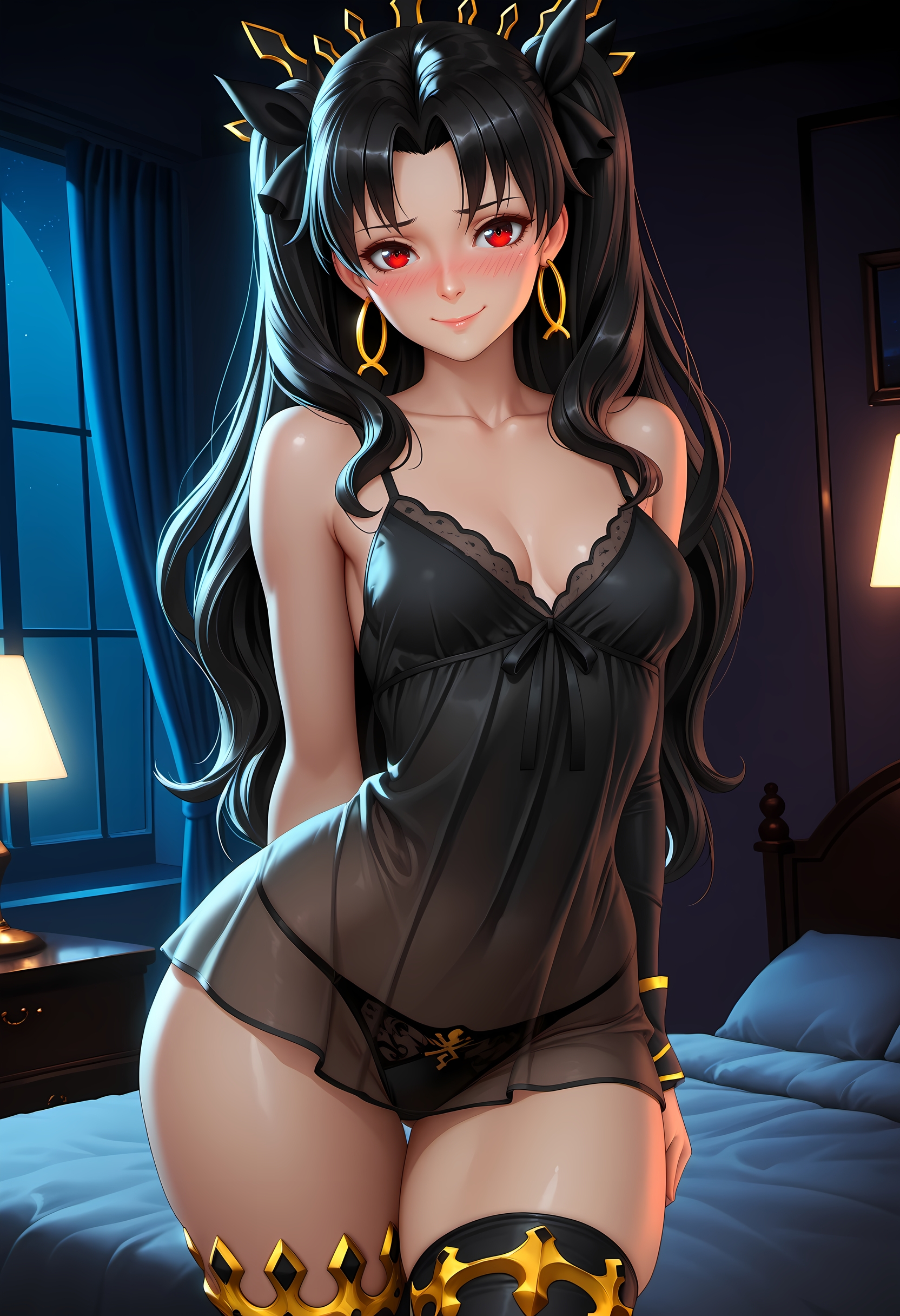 ai generated, arm at side, ass visible through thighs, babydoll, bangs, bare shoulders, bed, bedroom, black hair, black panties, black ribbon, black thighhighs, blush, bow, breasts, cleavage, closed mouth, collarbone, cowboy shot, curtains, detached sleeves, earrings, fate (series), fate/grand order, female, hair ribbon, high resolution, highres, hoop earrings, indoors, ishtar (fate), jewelry, lamp, lingerie, lips, long hair, looking at viewer, medium breasts, negligee, night, nose blush, on bed, panties, parted bangs, pillow, red eyes, ribbon, see-through, single thighhigh, smile, solo, stable diffusion, standing, thigh gap, thighhighs, thighs, two side up, underwear, underwear only, waifuscans418, window