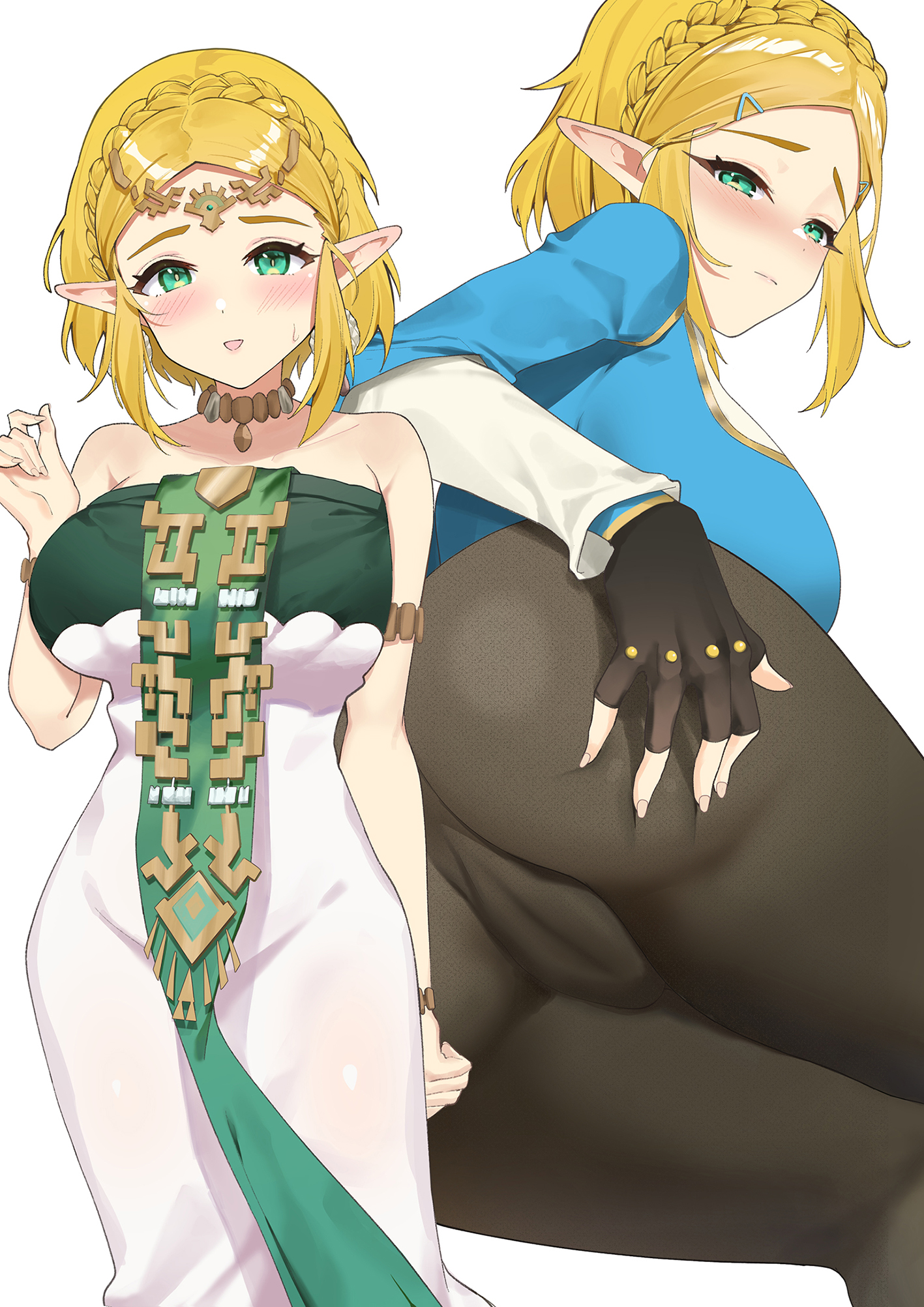 armlet, blonde hair, blush, braid, breasts, cameltoe, dress, earrings, fang qiao, fat mons, female, female only, fingerless gloves, gloves, green eyes, hair ornament, highres, jewelry, large breasts, long sleeves, looking at viewer, lying, multiple views, nintendo, on side, pointy ears, princess zelda, short hair, sidelocks, tears of the kingdom, the legend of zelda, zelda (tears of the kingdom)