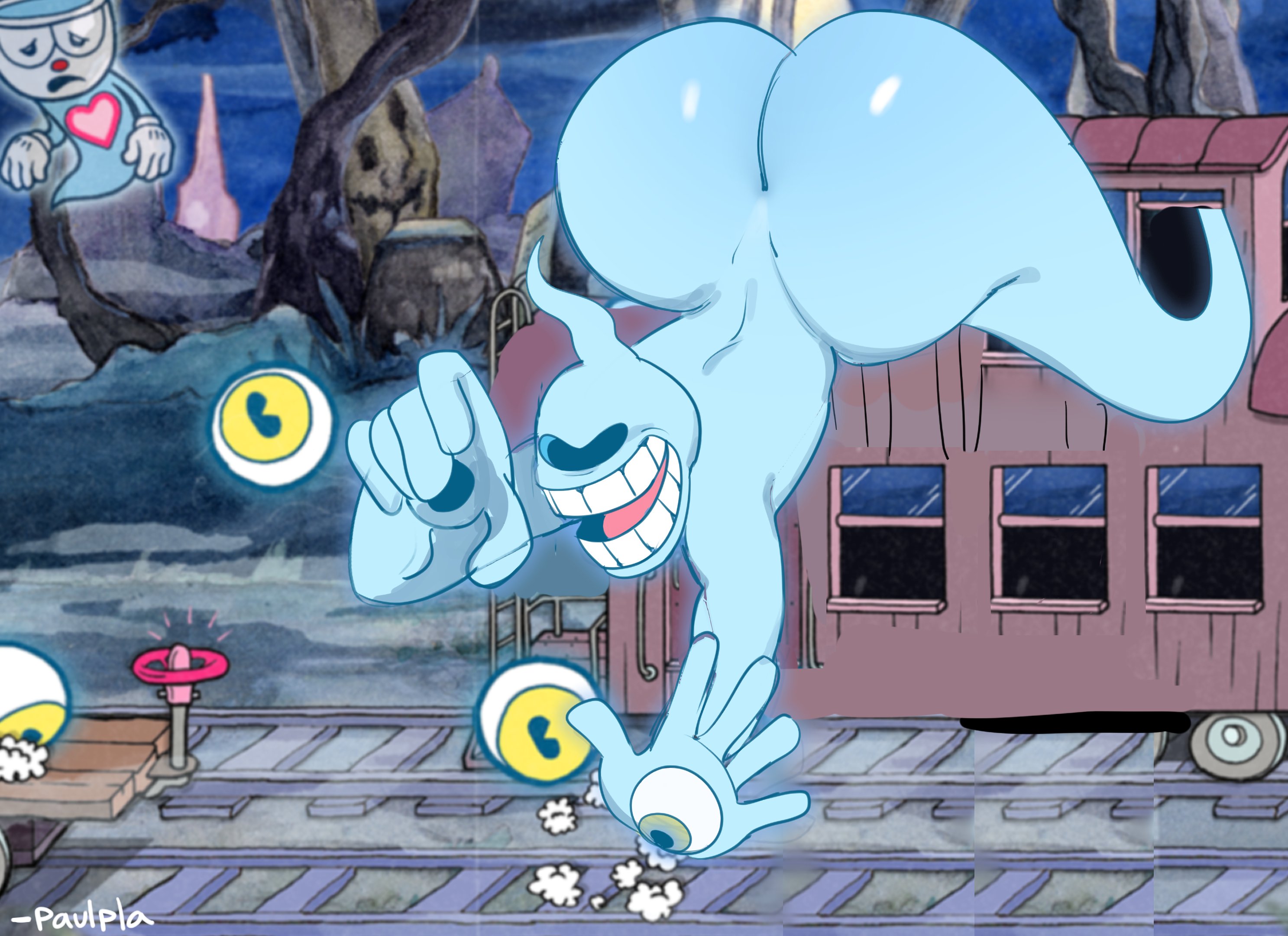 ass bigger than head, ass crack, bending forward, big ass, blind specter, blue skin, boss fight, caboose, cuphead, cuphead (game), drawing, edited, eyeballs, femboy, ghost, legless, male, paulpla, shiny skin, tagme, train, what