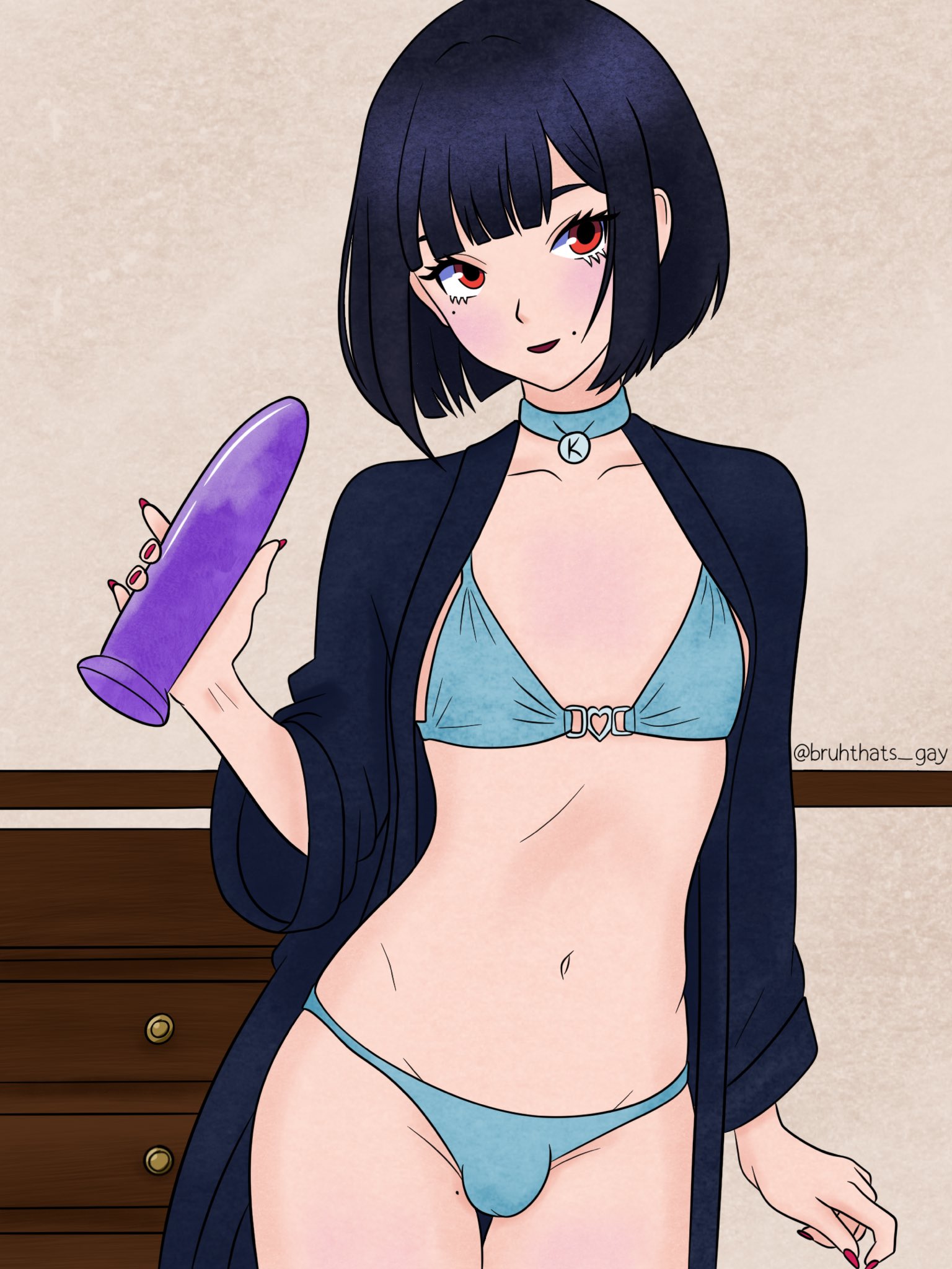 black hair, bra, bruhthats gay, dildo, femboy, femboy focus, femboy only, male, panties, red eyes, robe, self upload