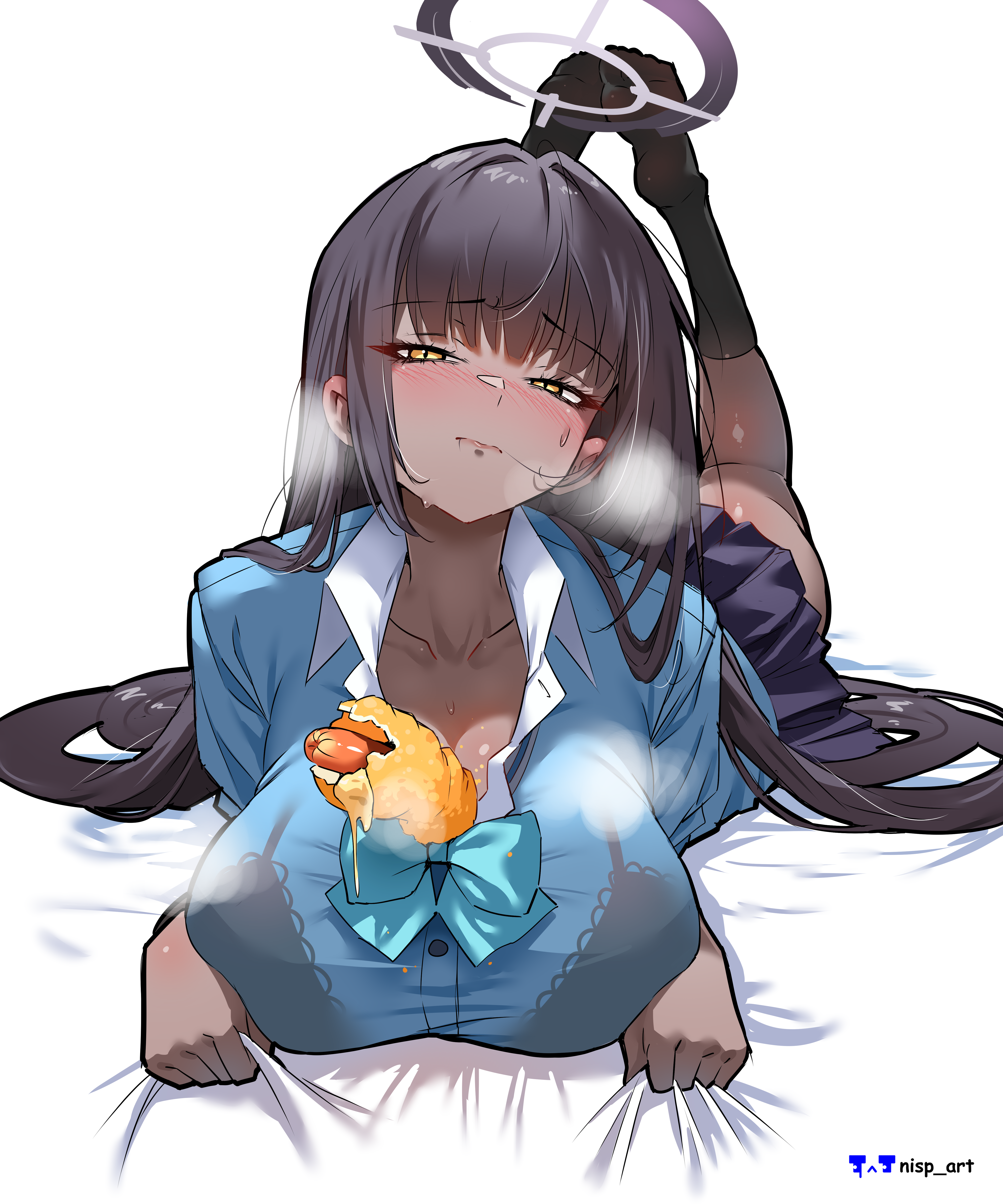 1girls, absurd res, absurd resolution, absurdres, big breasts, black bra, blue archive, blush, bowtie, bra, bra visible through clothes, breasts, cleavage, color, colored, dark hair, dark skin, dark-skinned female, feet, female, female only, food, food between breasts, fully clothed, gripping sheets, hair in mouth, high res, high resolution, highres, karin (blue archive), karin (school uniform) (blue archive), looking at viewer, nisp art, orange eyes, sausage, shirt, skirt, socks