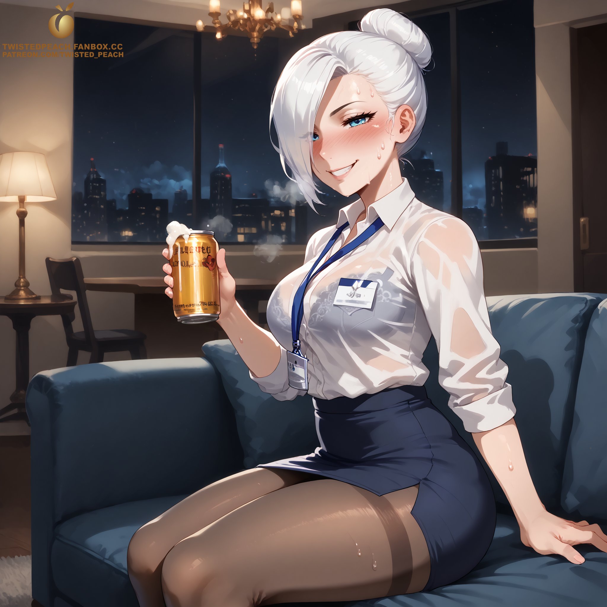 ai generated, alcohol, blue eyes, bra, bra visible through clothes, breasts, drunk, female, hair bun, hair over one eye, intoxicated, lace-trimmed bra, lanyard, large breasts, office clothing, office lady, older female, pantyhose, pencil skirt, rwby, see-through clothing, single hair bun, sweat, sweating, sweaty body, tagme, twistedpeach, white hair, white shirt, winter schnee