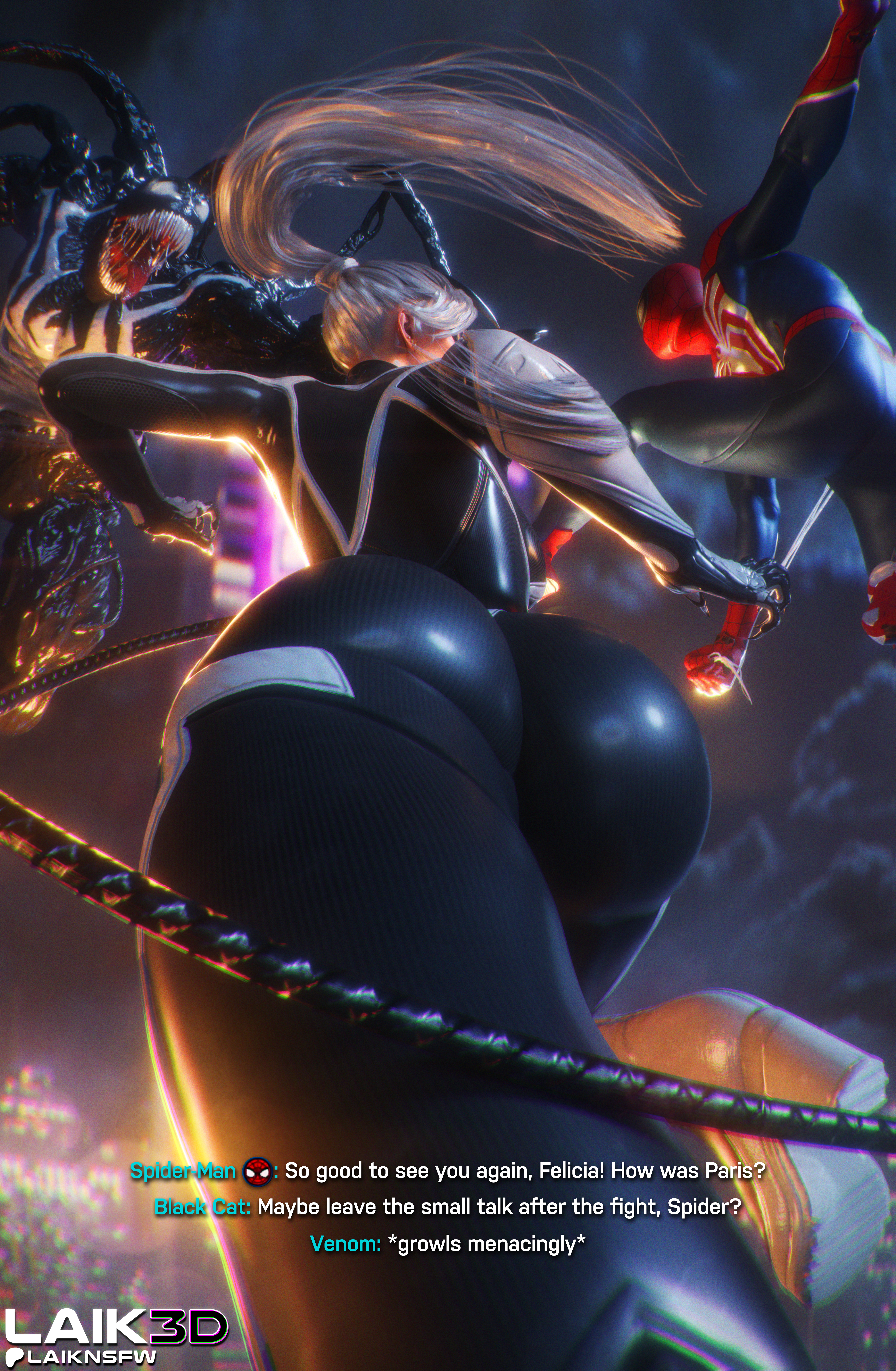 1boy, 1boy1girl, 1girls, 2025, 3d, 3d (artwork), ass, ass focus, big ass, big butt, black cat (insomniac), black cat (marvel), bodysuit, booty, bubble ass, bubble butt, butt, butt focus, combat, couple, couple (romantic), couples, felicia hardy, female, fight, high resolution, highres, hips, huge ass, huge butt, insomniac games, itslaiknsfw, laik3d, laiknsfw, large ass, large butt, male, marvel, marvel comics, massive ass, massive butt, peter parker, playstation, ponytail, romantic, romantic couple, shiny, shiny ass, shiny butt, shiny clothes, skin tight, spider-man, spider-man (insomniac series), spider-man (insomniac), spider-man (series), spider-man 2 (ps5), suit, superhero, superhero couple, superheroine, text, thick, thick ass, thick butt, thick hips, thick thighs, tight clothes, tight clothing, venom (marvel), white hair, wide hips