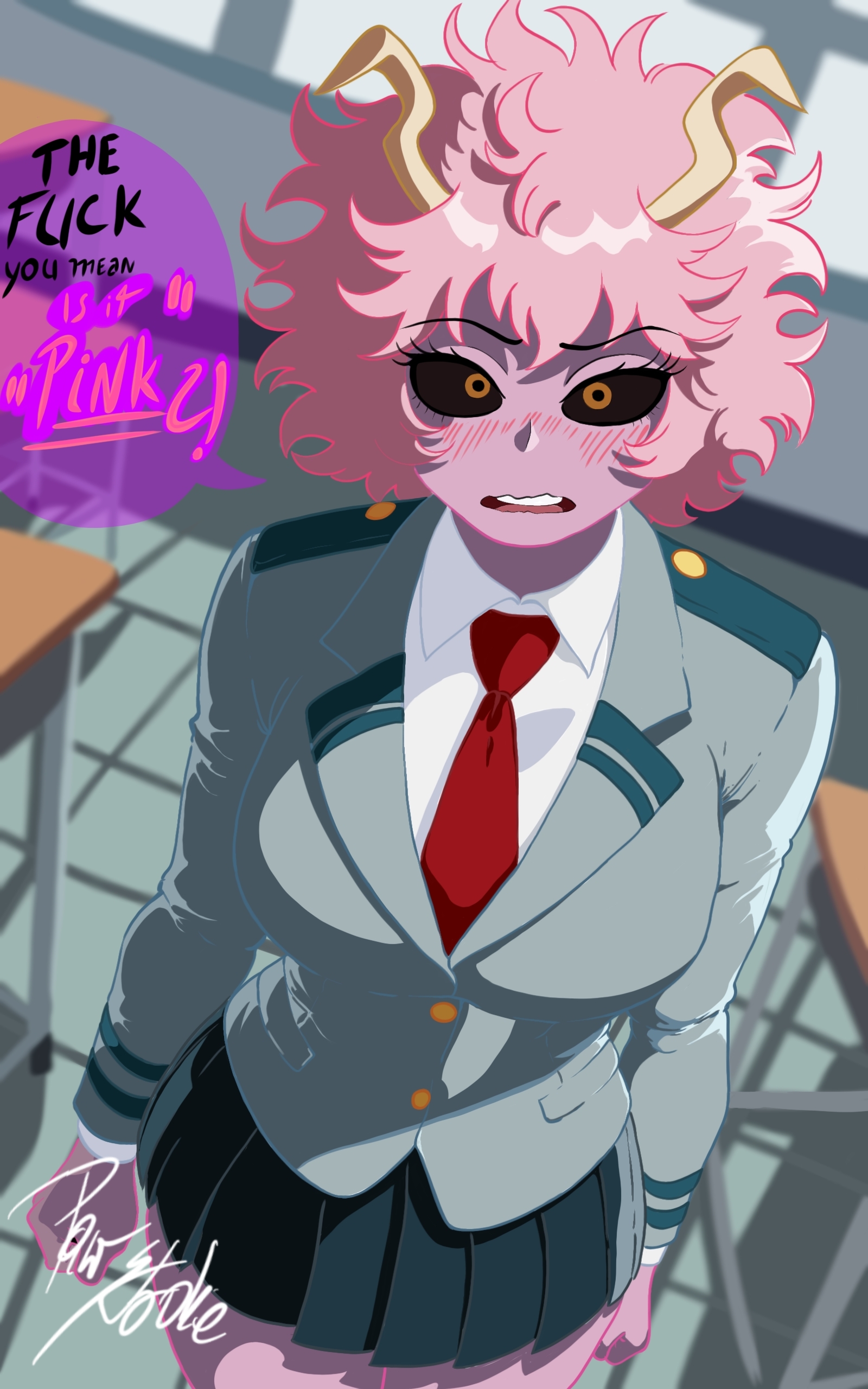 ashido mina, black eyes, blush, boku no hero academia, classroom, clothed, eye contact, horn, horns, looking at viewer, mina ashido, my hero academia, pawstroke, pink hair, pink skin, pov, school uniform, schoolgirl, sexual harassment, talking, talking to viewer, teenager, yellow eyes