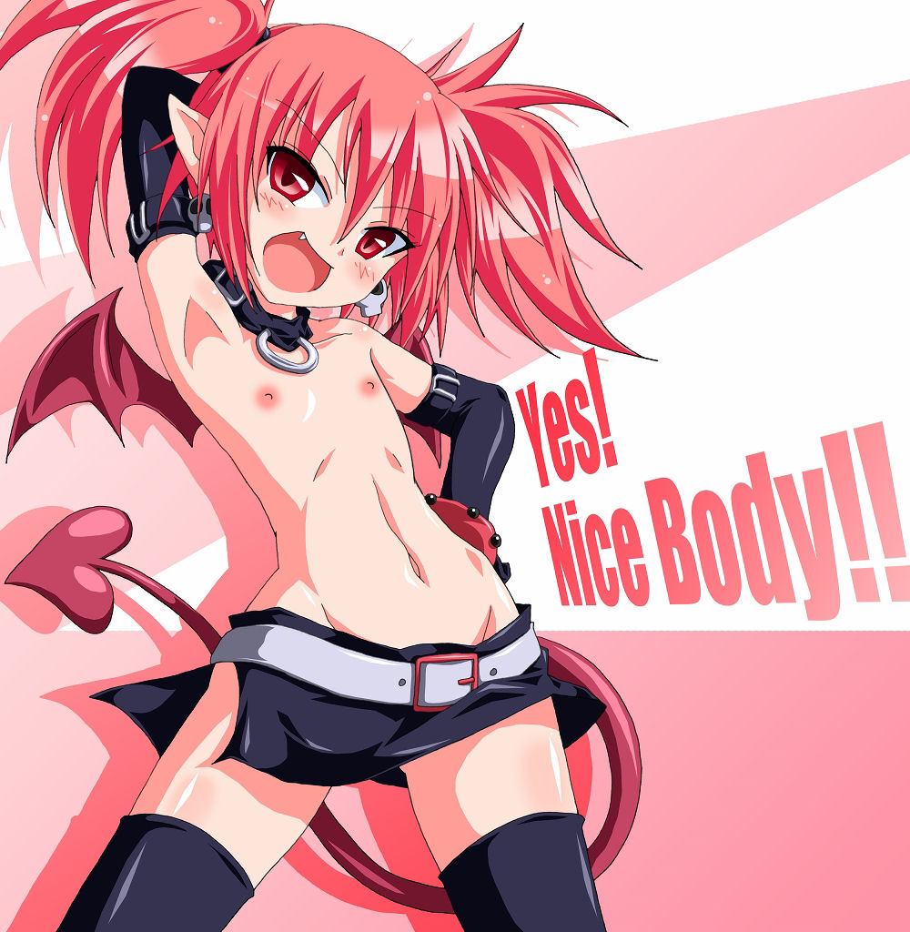 arm_behind_head belt blush choker cute_fang demon_eyes demon_tail disgaea etna flat_chest hand_on_hip miniskirt navel nipples open_mouth pointy_ears red_eyes red_hair skull_earrings tail thighhighs topless tsurime twintails wings