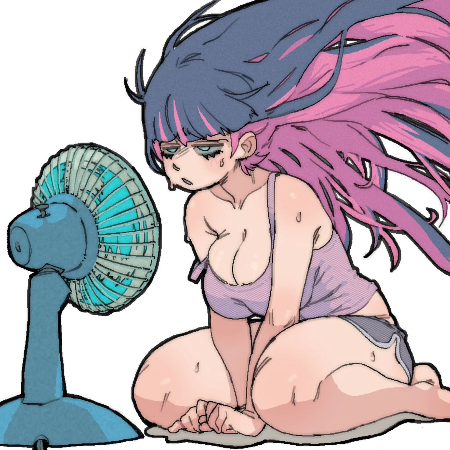 1girls, 2d, big breasts, blue hair, breasts, cleavage, cooling off, exhausted, female, female focus, female only, hair in wind, long hair, no background, oscillating fan, pantsu ripper, panty & stocking with garterbelt, pink hair, stocking anarchy, sweat, sweatdrop, thick thighs