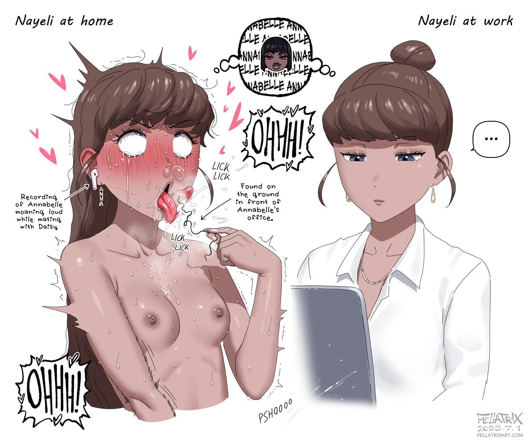 1girls, ahe gao, annabelle (fellatrix), annabelle steele, blush, brown hair, earphones, english text, fellatrix, female, female only, femcel, listening to moaning, long hair, naked, naked female, nayeli (fellatrix), snot bubble, text