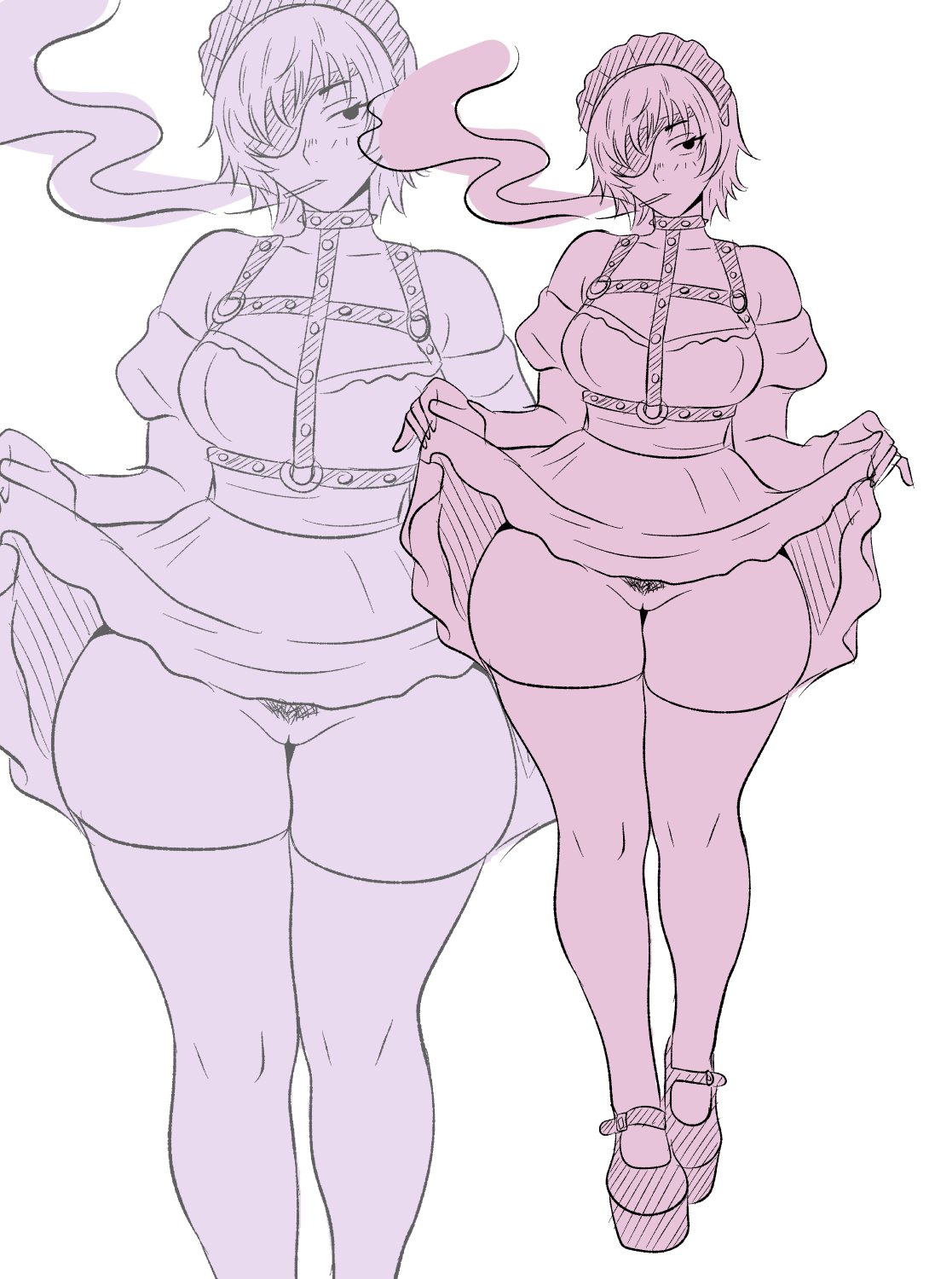 1girls, 2d, 2d (artwork), big thighs, celebelian, chainsaw man, child bearing hips, exposed pussy, expressionless, female, female focus, female only, high heels, high resolution, himeno (chainsaw man), lifting dress, lifting own clothes, lifting skirt, maid, maid apron, maid headdress, maid outfit, maid uniform, oh my god, pubes, pubes exposed, pubic hair, pubic tuft, pussy, smoking, smoking cigarette, solo, solo female, solo focus, straps, straps across chest, thick, thick thighs, thigh highs, thighhighs, uncensored