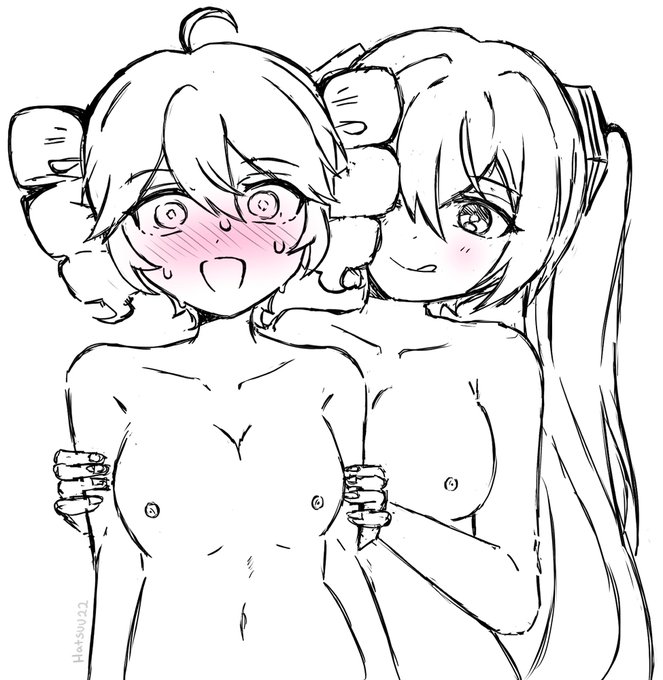 :d, :q, 2girls, 2women, ahoge, arm grab, average breasts, blush, breasts, breasts out, collarbone, completely nude, cute, drill hair, embarrassed, embarrassed nude female, female, female on female, female only, flower, grabbing arms, greyscale, hair ornament, hatsune miku, kasane teto, licking lips, long hair, medium breasts, monochrome, multiple girls, navel, nipples, nude, nude female, open mouth, shocked, shocked expression, shy, sketch, smile, spot color, sweat, tongue, tongue out, twin drills, twintails, uncolored, upper body, utau, utauloid, very long hair, vocaloid, yuri