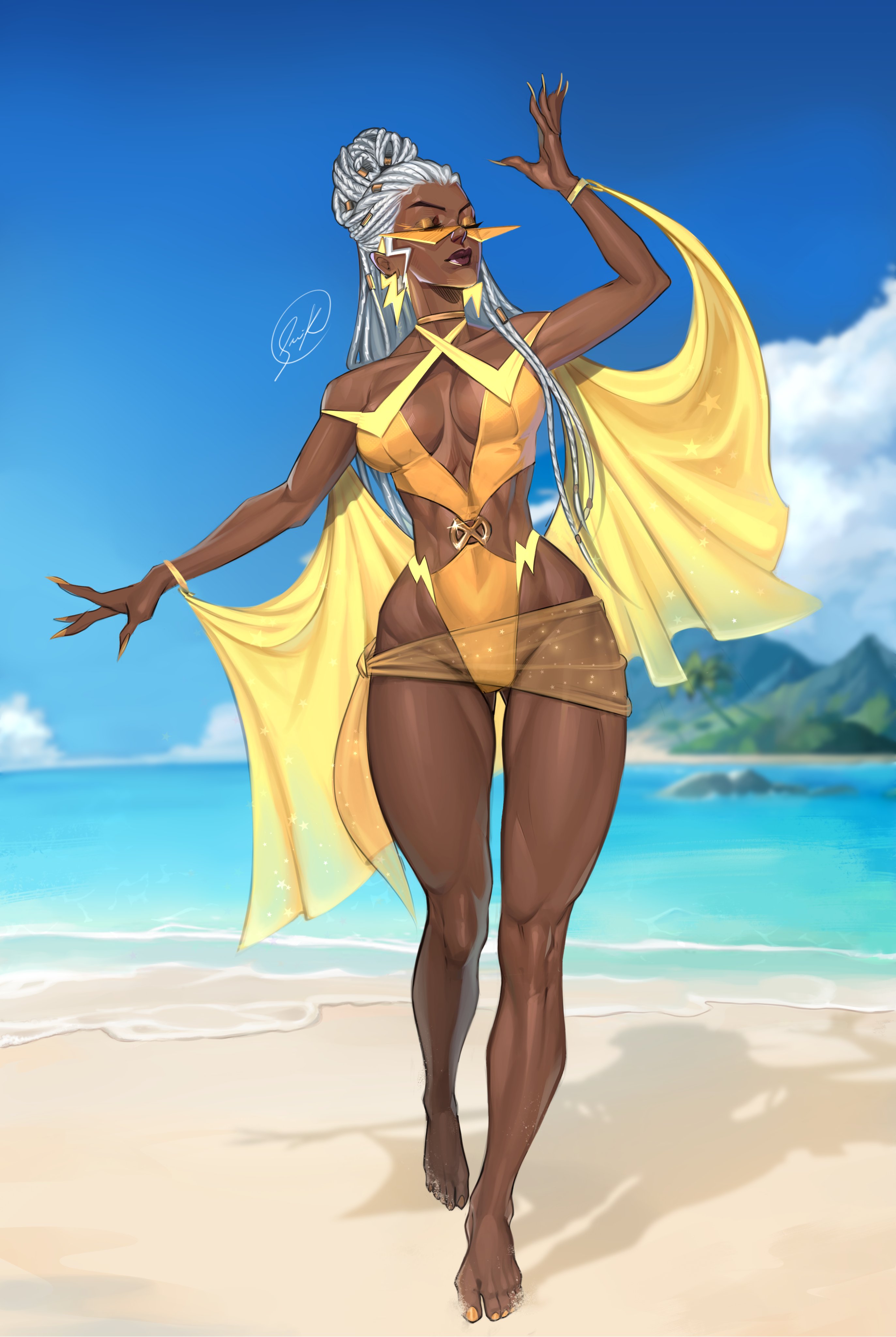 1girls, arms up, artist request, beach, dark skin, dark-skinned female, dreadlocks, eyes closed, female, female only, hair in bun, hairbun, hourglass figure, long nails, marvel, marvel comics, muscular, muscular female, outdoors, outside, solo, solo female, soulderik, storm (x-men), sunglasses, swimsuit, swimwear, thick lips, thick thighs, thighhighs, toned, toned body, toned female, toned stomach, white hair, x-men