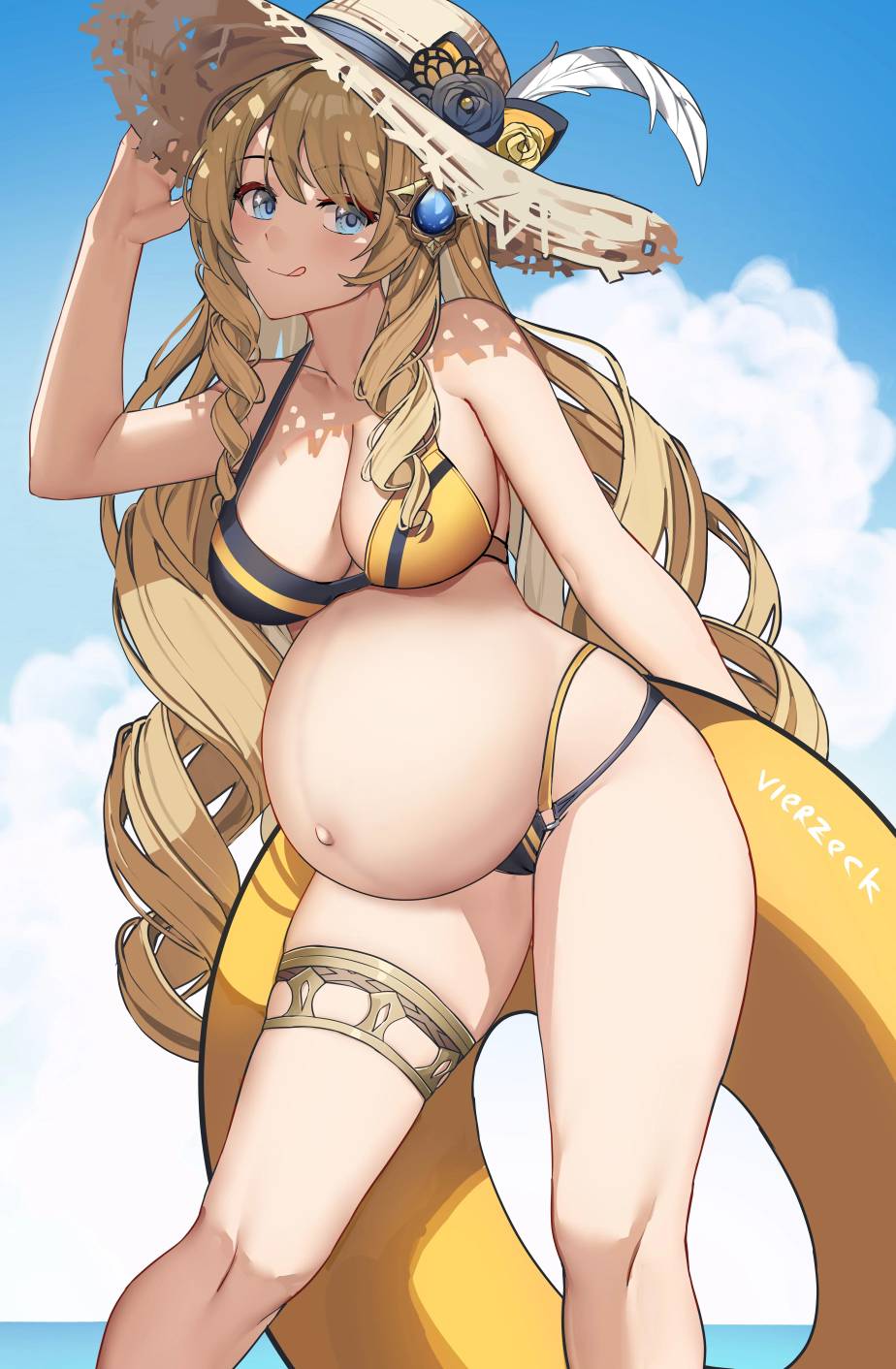 1girls, beach, bikini, blonde hair, blonde-haired female, female, female focus, female only, fontaine girls, genshin impact, hoyoverse, mihoyo, mihoyo technology (shanghai) co. ltd., navia (genshin impact), pregnant, pregnant belly, pregnant female, solo, solo female, solo focus, vierzeck, yellow bikini