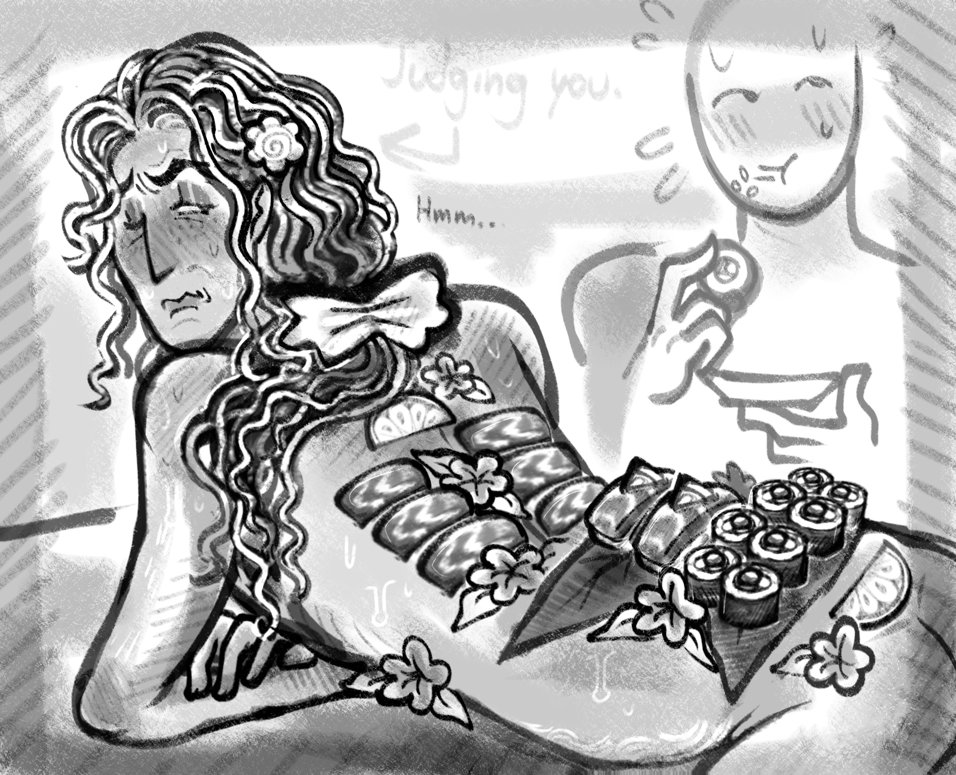 beetlbewbs, date everything, foodplay, judgemental, long hair, male, male focus, mitchell linn (date everything), nantaimori, no visible genitalia, sketch, sushi
