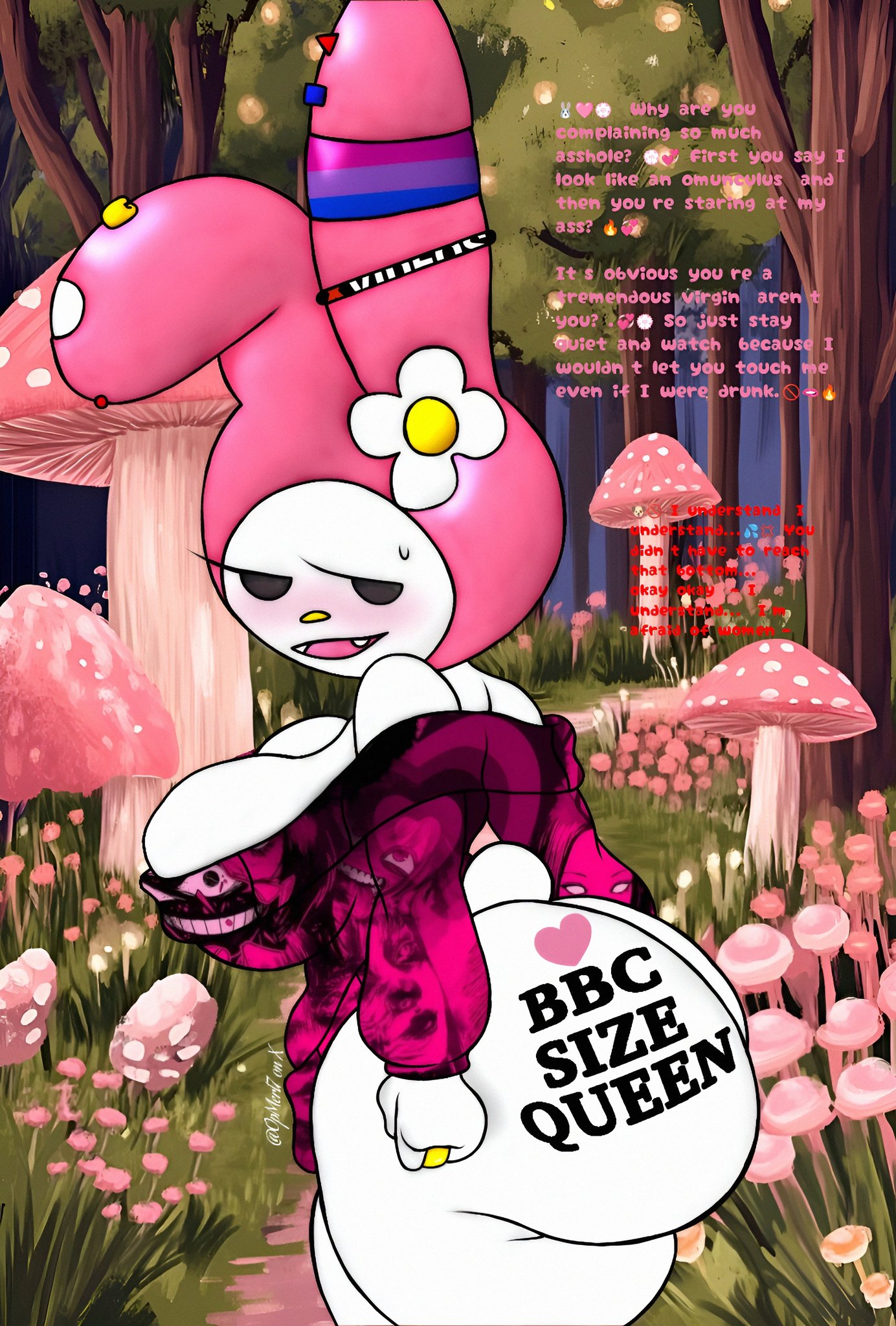 1girls, 4 fingers, anthro, ass, bare shoulders, big ass, big breasts, bisexual, bisexual female, bisexual pride colors, blacked, blush, body writing, breasts, bubble butt, bullying, cleavage, cuckold, ear piercing, earrings, eyelashes, female, female only, femdom, flower, flower on head, furry, gluteal fold, half-closed eyes, headwear, hello kitty (series), jacket, jewelry, lagomorph, mammal, mertens opp (artist), my melody, offscreen character, onegai my melody, pride colors, rabbit girl, raceplay, ring, ring (jewelry), sanrio, shortstack, size queen, sweatdrop, text, thick thighs, white body, white fur, writing on ass, writing on body, writing on butt
