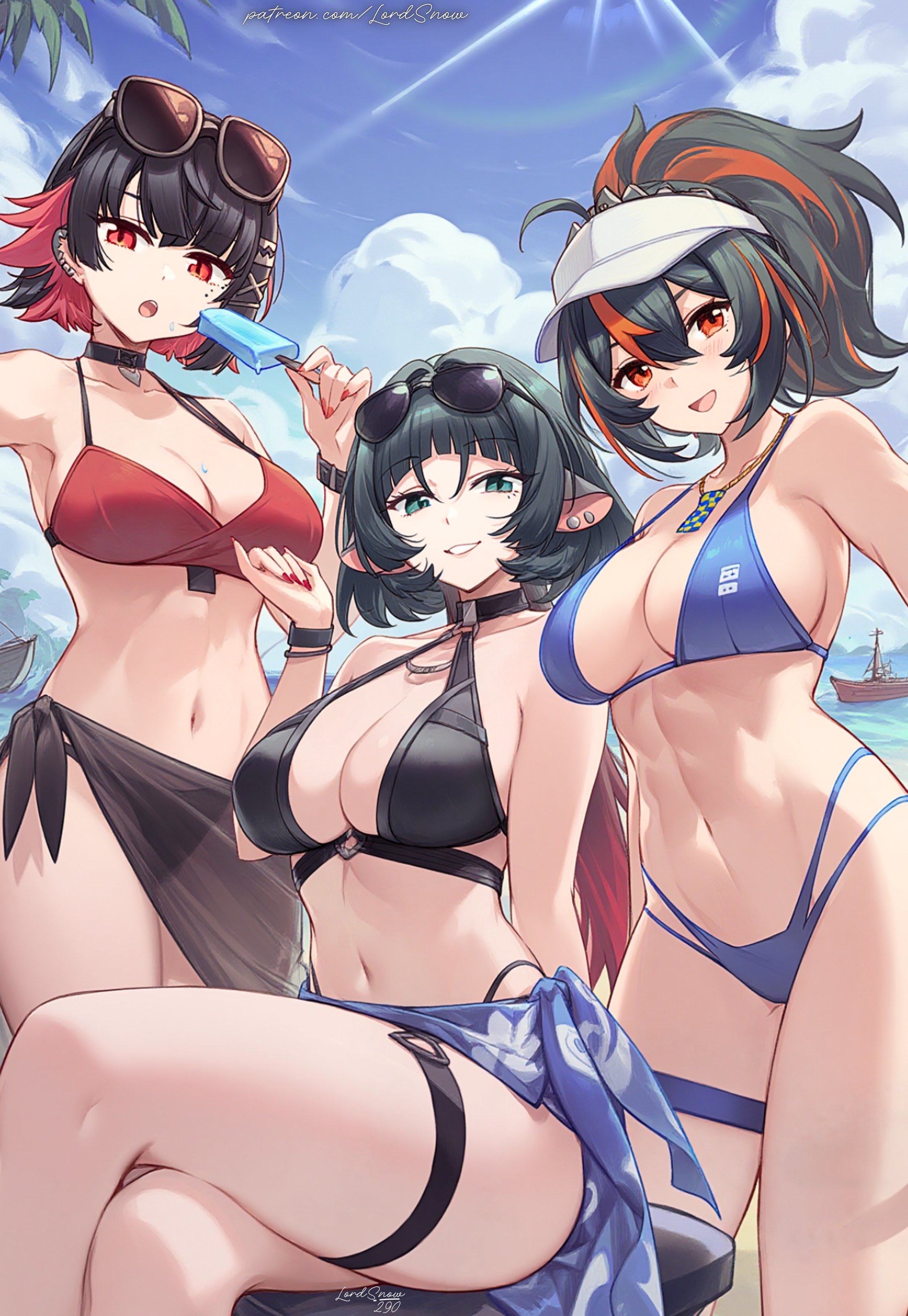 :d, 3girls, ai generated, armpits, beach, bikini, black bikini, black hair, blue sky, breasts, choker, cleavage, cloud, cloudy sky, collarbone, criss-cross halter, crossed legs, day, ellen joe, eyewear on head, female, food, fruit, halterneck, jane doe (zenless zone zero), large breasts, looking at viewer, multicolored hair, multiple females, multiple girls, navel, ocean, open mouth, outdoors, ponytail, popsicle, red eyes, red hair, sarong, short hair, sky, smile, streaked hair, sunglasses, swimsuit, thigh strap, zenless zone zero, zhu yuan