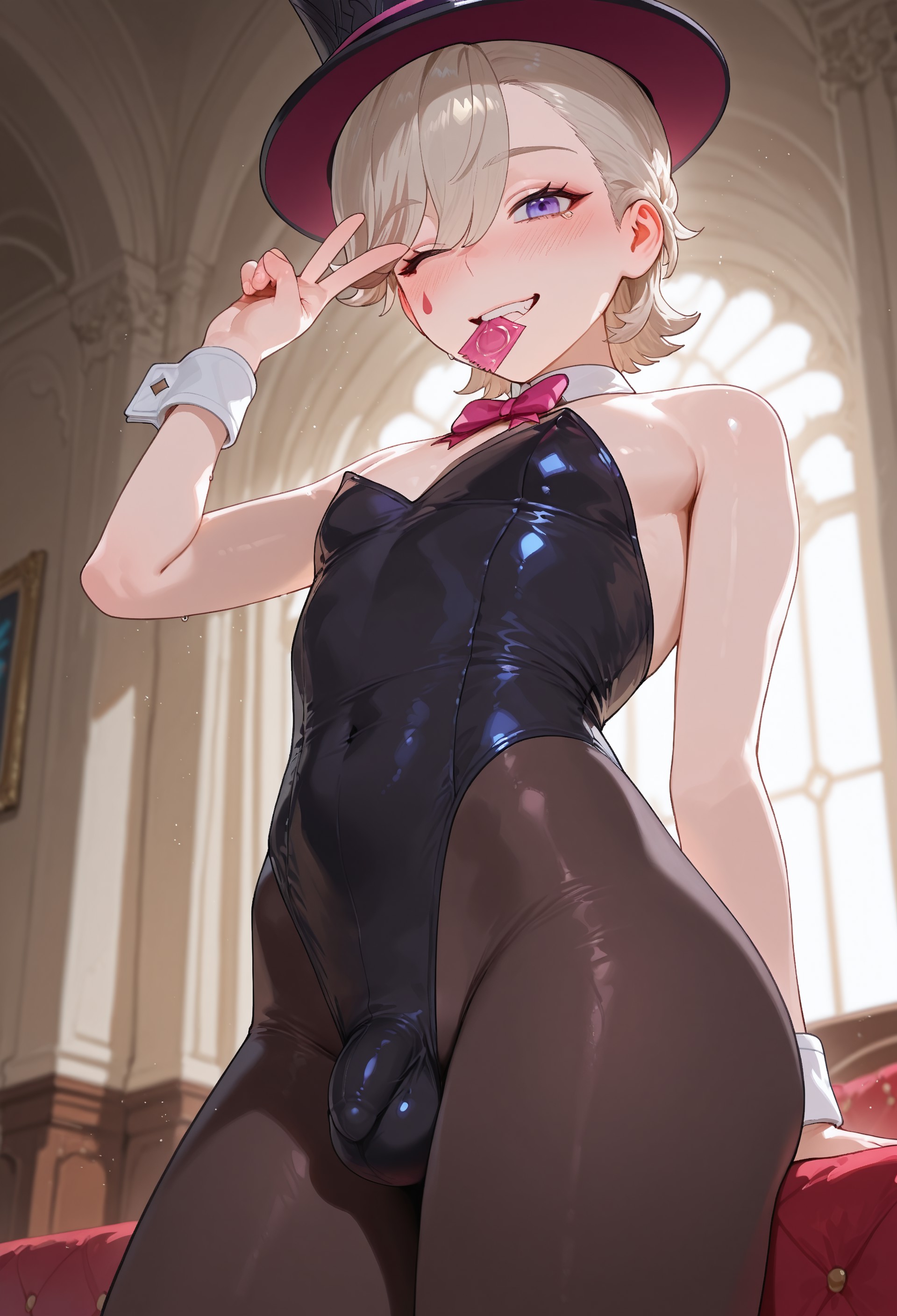 1boy, 5bxb, ai generated, bowtie, bulge, bunnysuit, clothed, clothing, condom in mouth, femboy, flaccid, genshin impact, hat, indoors, light skin, light-skinned male, looking at viewer, lyney (genshin impact), male, male only, one eye closed, penis, penis outline, short hair, solo, solo male, v sign