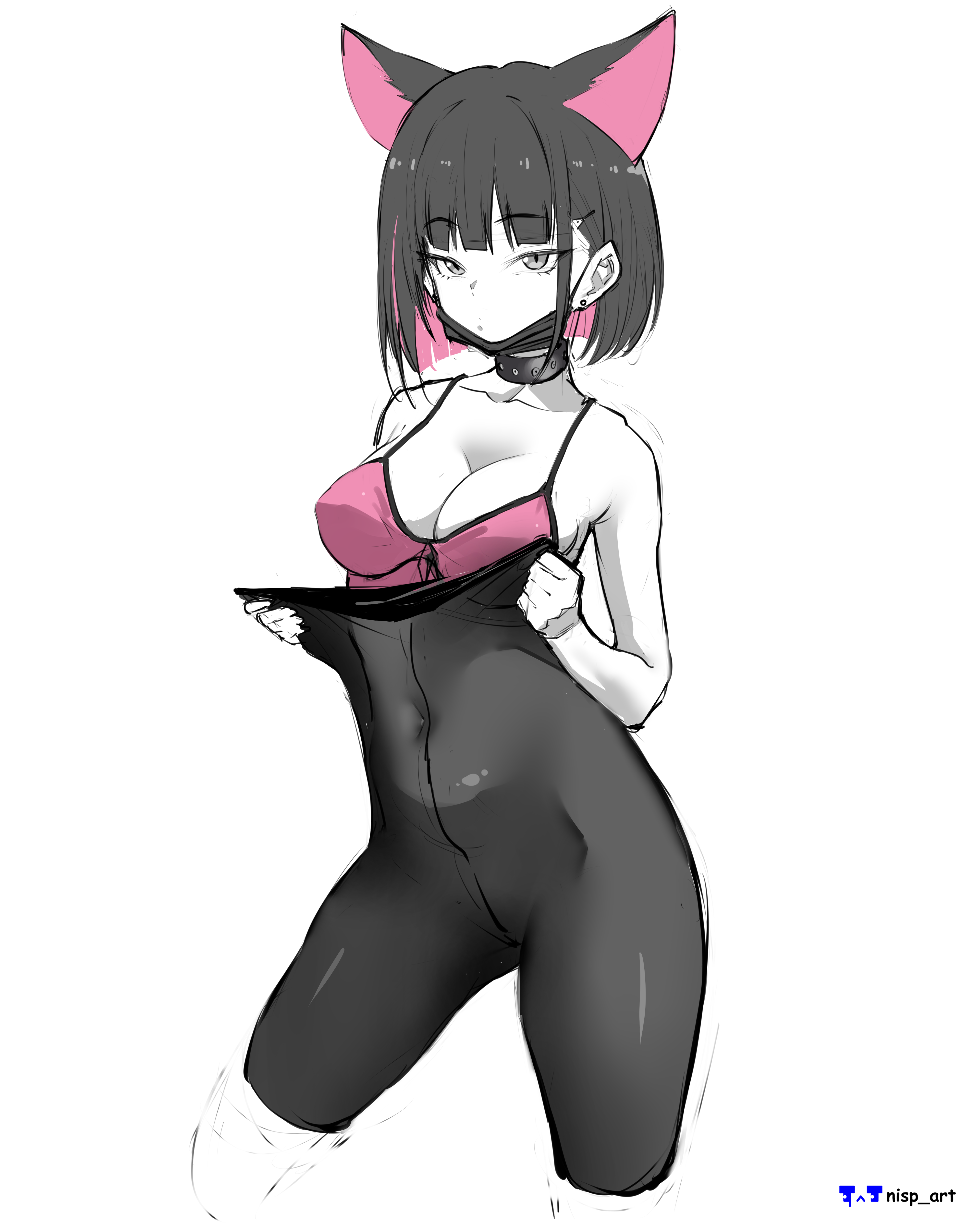 1girls, absurd res, absurd resolution, belly button, belly button visible through clothing, bra, breasts, cat ears, choker, ear piercing, emotionless, expressionless, female, female only, high res, high resolution, looking at viewer, monochrome, nisp art, original, partially colored, piercing, skinny, skinny female, tights