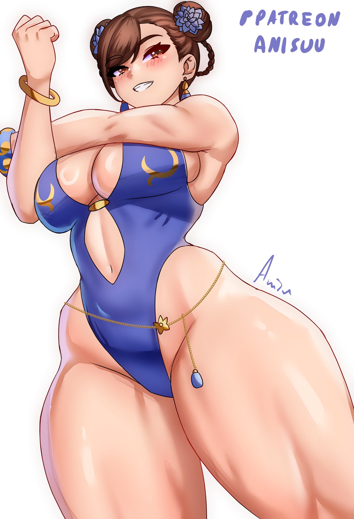 1girls, anisdrawn, breasts, chun-li, female, female focus, female only, large breasts, light skin, light-skinned female, looking at viewer, solo, street fighter, thick thighs, thighs, white background, wide hips