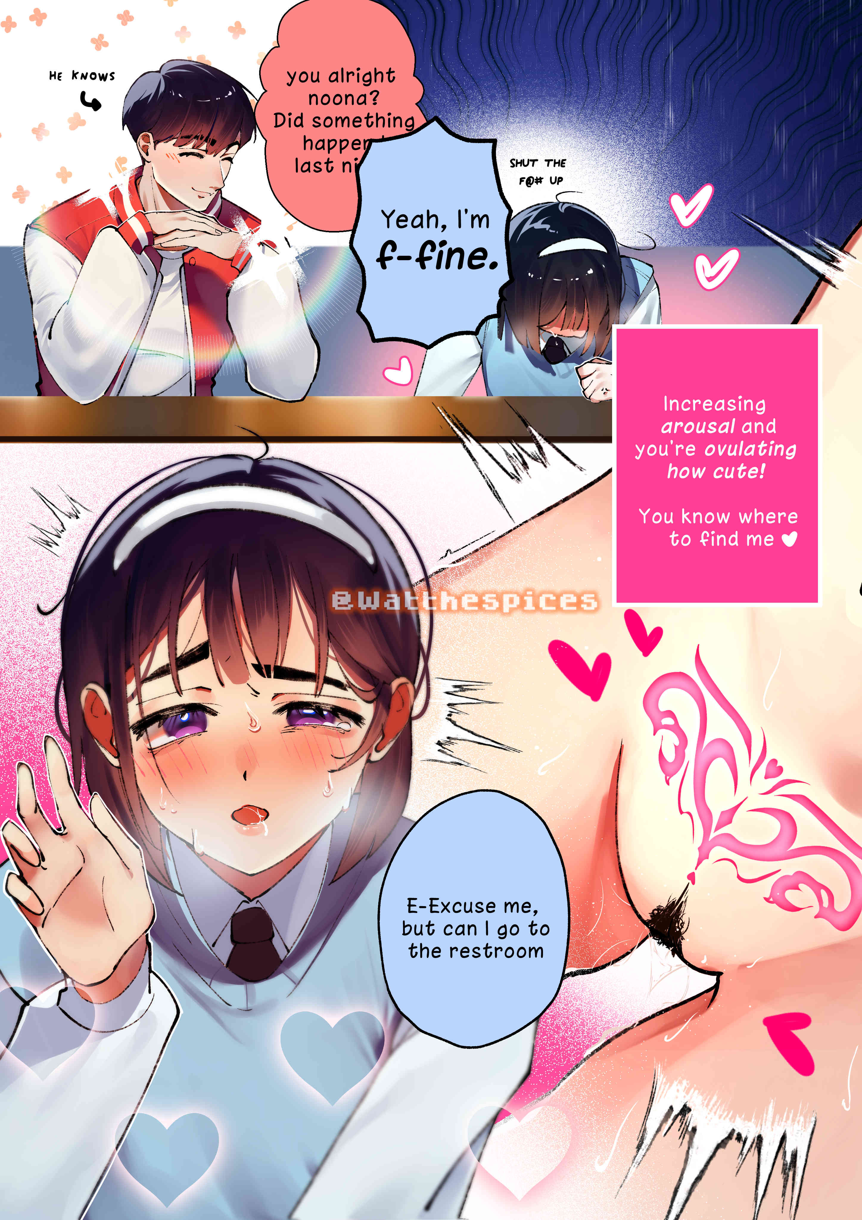 1boy, absurdres, alien stage, aroused, artist name, black hair, black necktie, blue sweater vest, blush, collared shirt, comic, commentary, english commentary, english text, female, hairband, heart, highres, ivan (alien stage), jacket, letterman jacket, male, necktie, open mouth, ovulating, pubic hair, pubic tattoo, purple eyes, pussy, red jacket, shirt, sitting, sua (alien stage), sweat, sweater vest, tattoo, watthespices, white hairband, white shirt