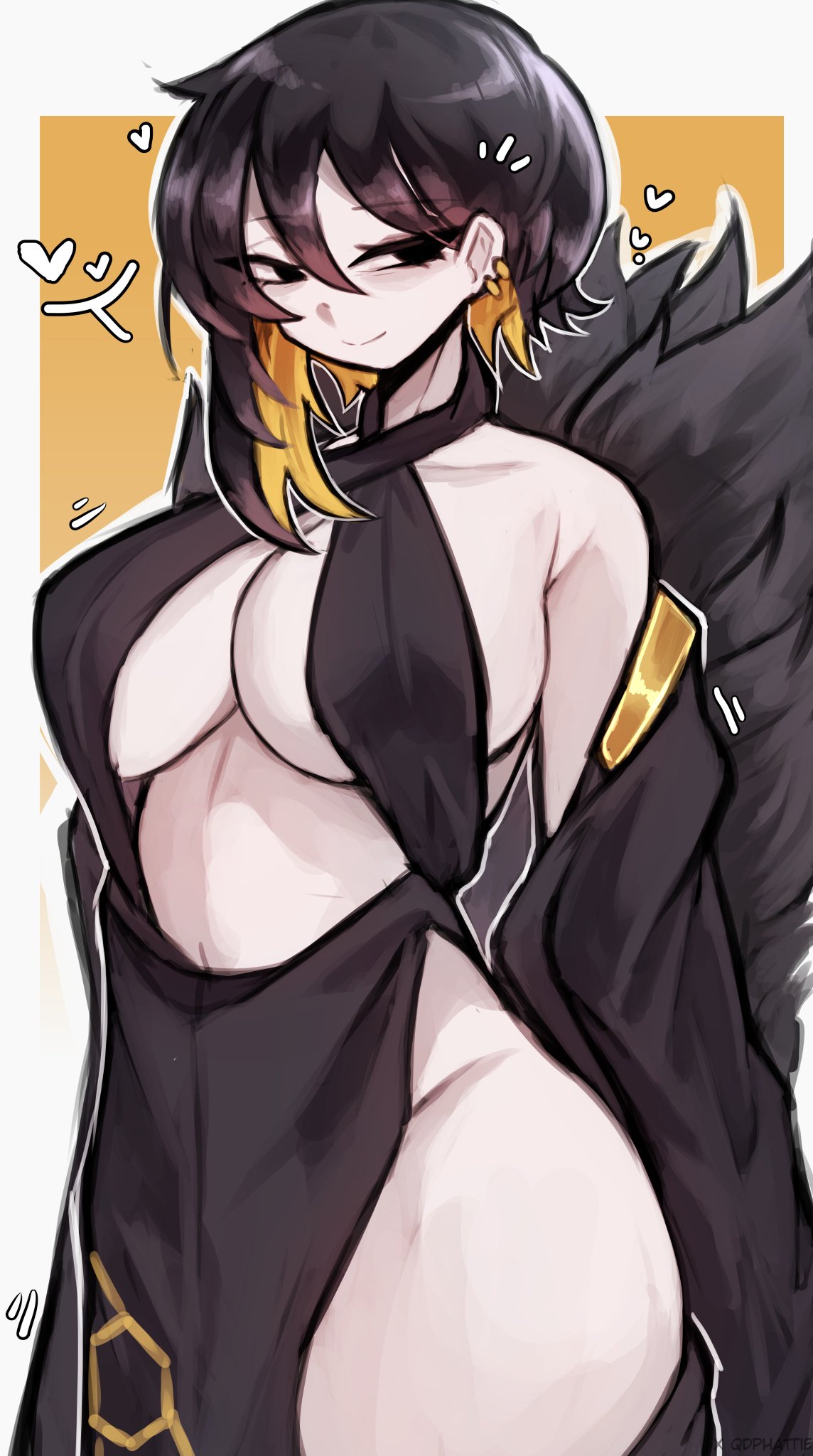 1girls, artist request, big breasts, binah, black dress, black hair, border, breasts, clothed female, coat, female, garion, hips, lobotomy corporation, mature female, project moon, qdphattie, revealing clothes, smile, solo, solo female, thick thighs, thighs, white body, white skin