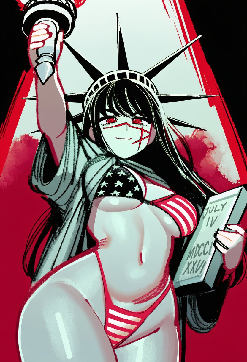 1girls, ai generated, american flag bikini, bikini, breasts, chainsaw man, female, female focus, female only, hiita (artist), large breasts, looking at viewer, solo, swimsuit, thick thighs, thighs, wide hips, yoru (chainsaw man)
