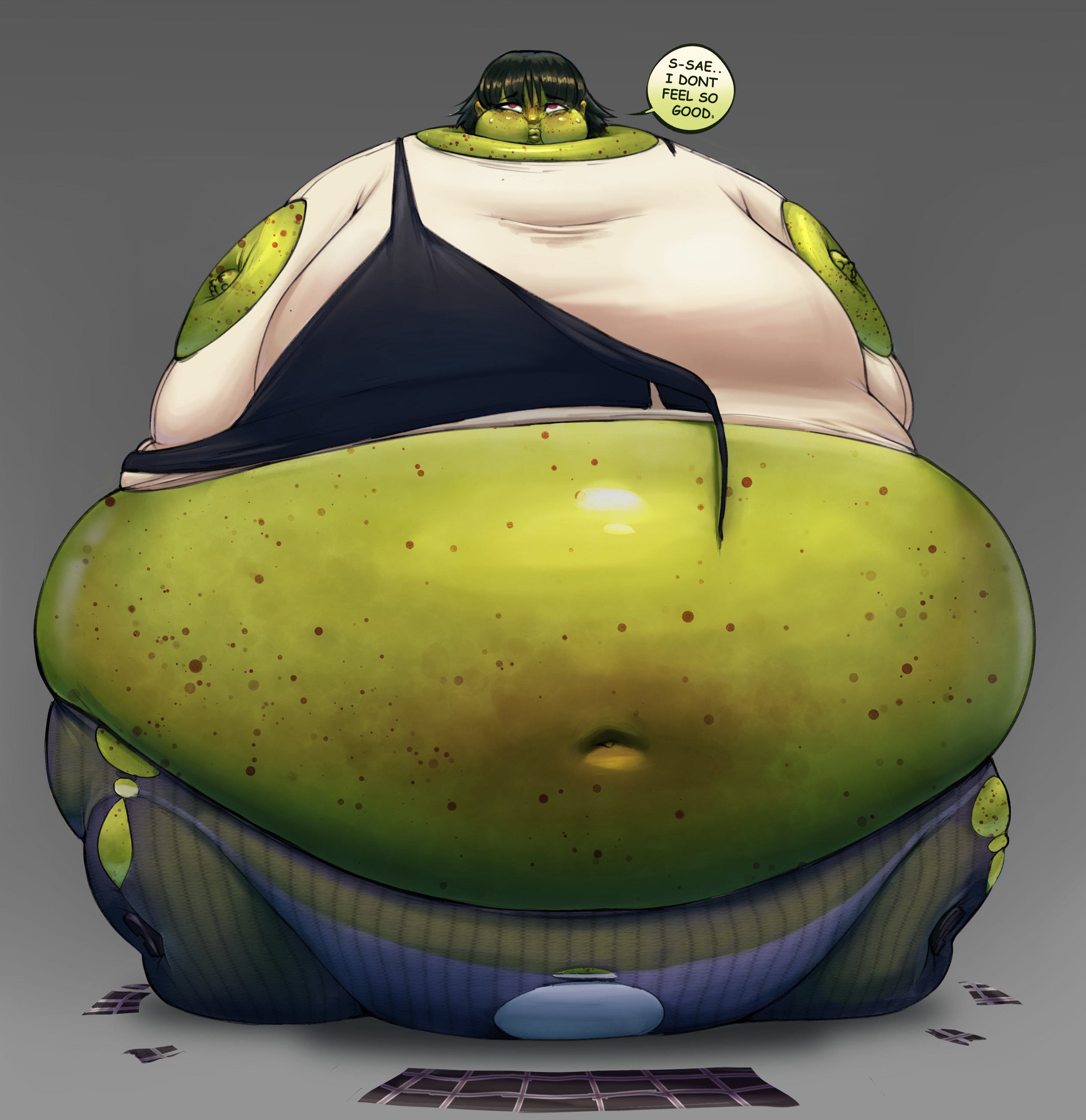 1girls, 2025, 2d, 2d (artwork), abstract background, after expansion, after inflation, after transformation, atlus, bangs, belly, belly expansion, belly focus, belly inflation, big belly, big breasts, big lips, big thighs, bloated, bloated belly, body inflation, breast expansion, breast growth, breast growth (enlargement), breasts, brown spots, cheeks inflation, clothed, clothed female, color, colored, comic sans, commission, digital media (artwork), english text, enormous belly, expansion, exposed belly, exposed fat belly, exposed panties, fat, fat belly, fat face, fat female, fat hands, fat lips, female, female only, freckles, freckles all over, freckles on arms, freckles on belly, freckles on body, freckles on chest, freckles on face, freckles on legs, freckles on thighs, front view, fruityshork, full body, full body inflation, full lips, gigantic belly, gigantic breasts, glistening, glistening belly, glistening body, glistening face, glistening skin, gradient background, green hair, green skin, green-haired female, green-skinned female, grey background, huge belly, huge breasts, huge thighs, hyper, hyper belly, immobile, ineffective clothing, inflated belly, inflation, lip expansion, looking up, makoto niijima, megami tensei, muffin top, navel, on ground, outgrowing clothes, panties, panties visible through clothing, pantyhose, pear inflation, pear shaped, pear shaped female, pear-shaped figure, persona, persona 5, plump lips, post-transformation, pursed lips, red eyes, red-eyed female, ripped pantyhose, see-through clothing, shirt, shoes, short hair, short-haired female, sitting, sitting on ground, skindentation, solo, spherical inflation, stretched clothing, sunken head, sunken limbs, talking, talking to another, text, thigh expansion, too big to move, transformation, translucent clothing, undersized clothes, video game character, video games, wardrobe destruction, wardrobe malfunction, white panties, white shirt