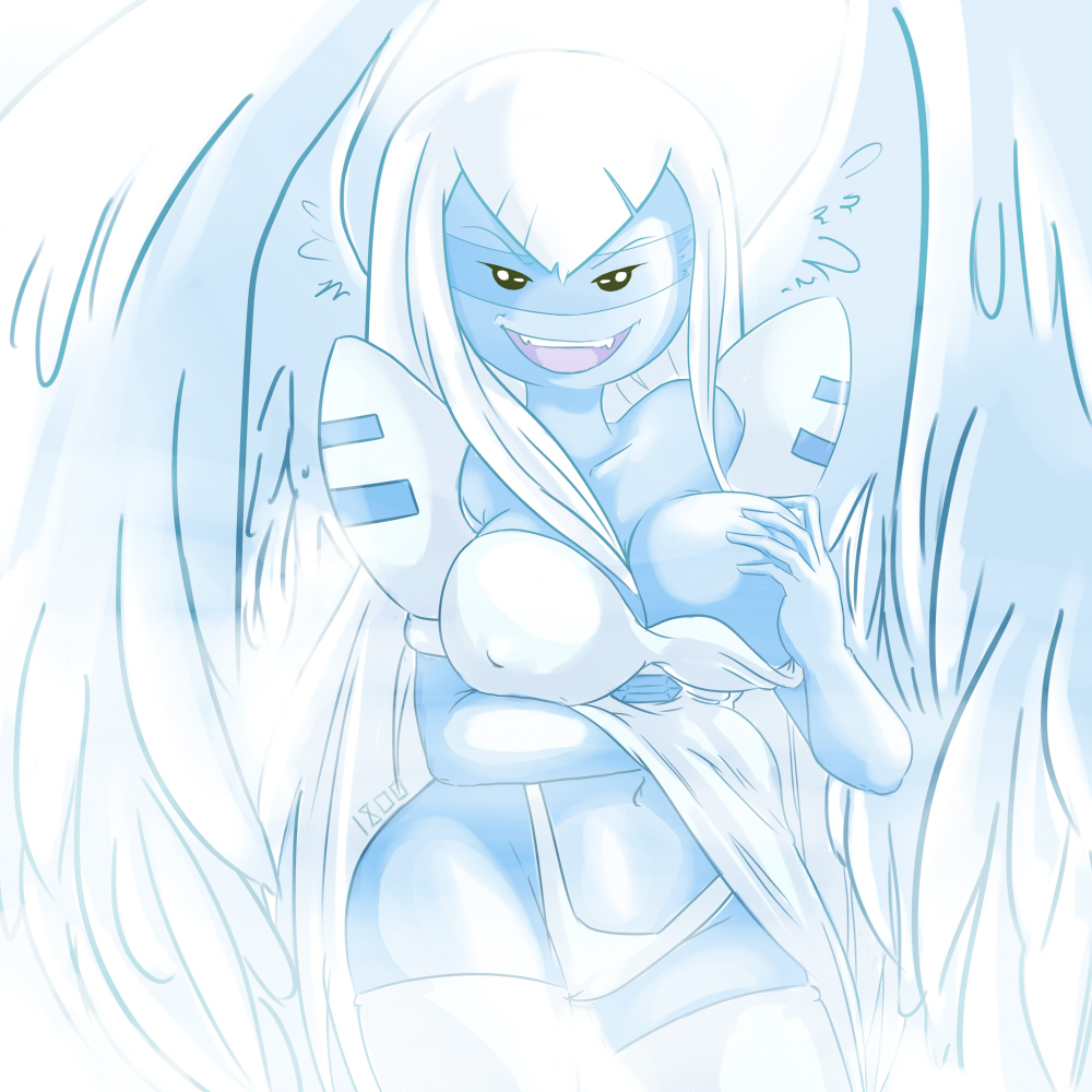 1800 1girls adventure_time angel_wings black_eyes blue_skin breast_fondling breast_grab breasts covering covering_breasts female guardian_angel_(adventure_time) long_hair looking_at_viewer open_mouth panties self_fondle solo straight_hair thighhighs underwear white_hair white_legwear white_panties wings