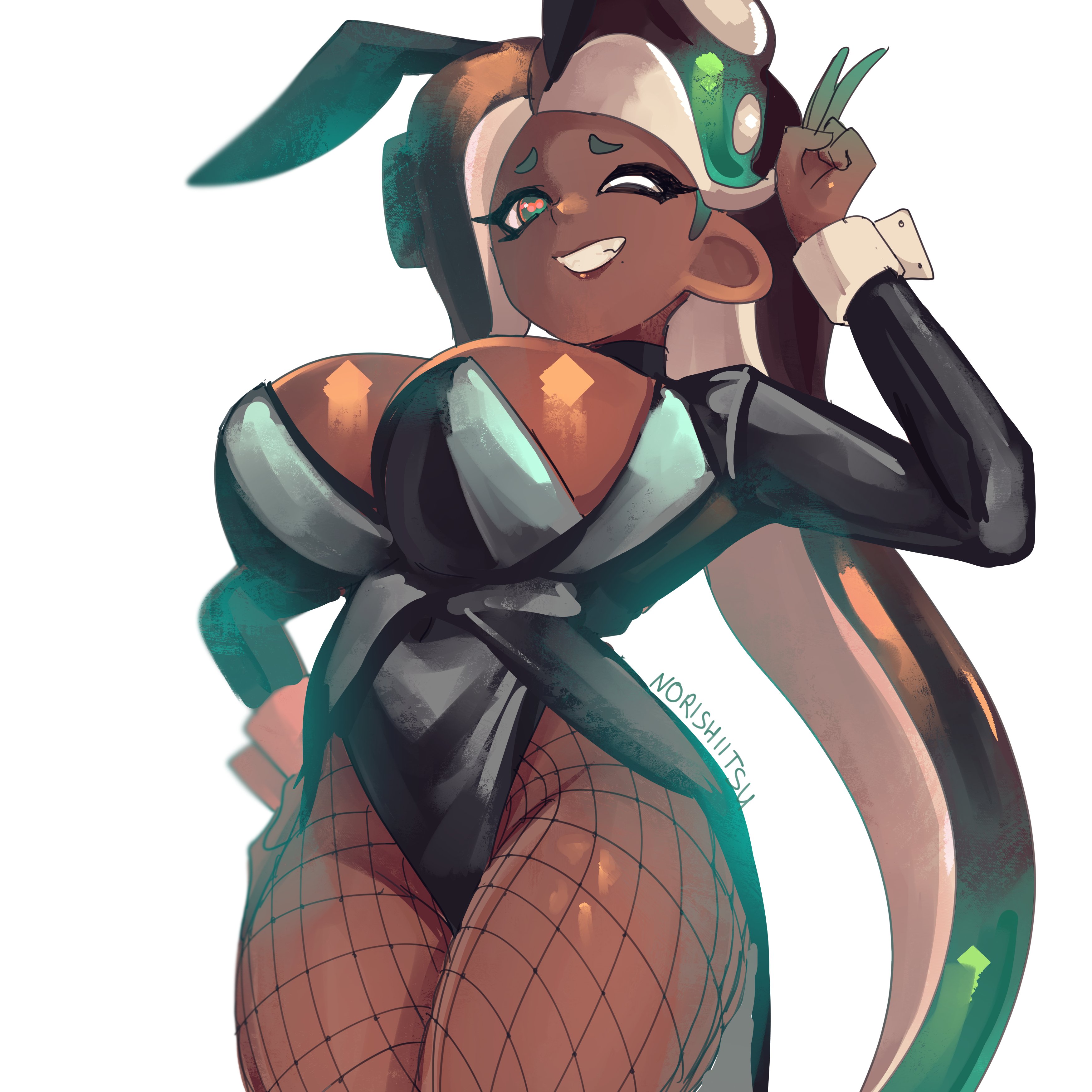 1girls, animal ears, aqua eyes, black hair, black jacket, breasts, bunny ears, bunny tail, bunnysuit, cleavage, dark skin, fake animal ears, female, female only, fishnet legwear, fishnets, gradient hair, grin, highleg, highleg leotard, large breasts, leotard, long hair, long sleeves, looking at viewer, marina (splatoon), mole, multicolored hair, nintendo, norishiitsu, octarian, octoling, octoling girl, smile, solo, splatoon, splatoon (series), splatoon 2, striped, suction cups, tentacle hair, v