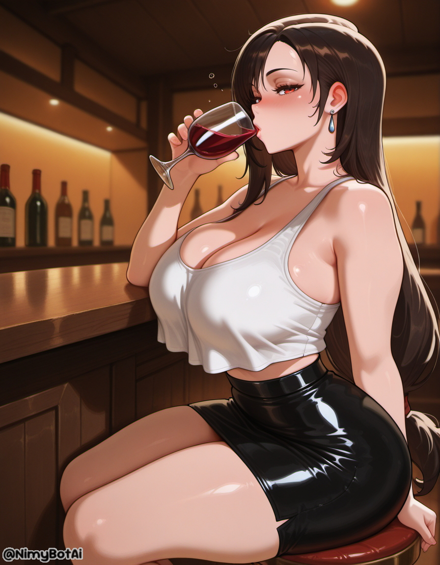 ai generated, alcohol, bangs, bar (place), bar stool, bare shoulders, black hair, black skirt, blush, bottle, breasts, brown hair, cleavage, collarbone, counter, crop top, crop top overhang, cup, dangle earrings, drinking, drinking glass, drunk, earrings, female, final fantasy, final fantasy vii, final fantasy vii remake, high resolution, highres, holding, holding cup, huge breasts, indoors, jewelry, large breasts, long hair, looking at viewer, low-tied long hair, midriff, miniskirt, nimybotai, pencil skirt, red eyes, shiny skin, shirt, sitting, skirt, solo, stable diffusion, stool, tank top, thick thighs, thighs, tifa lockhart, white tank top, wine, wine glass