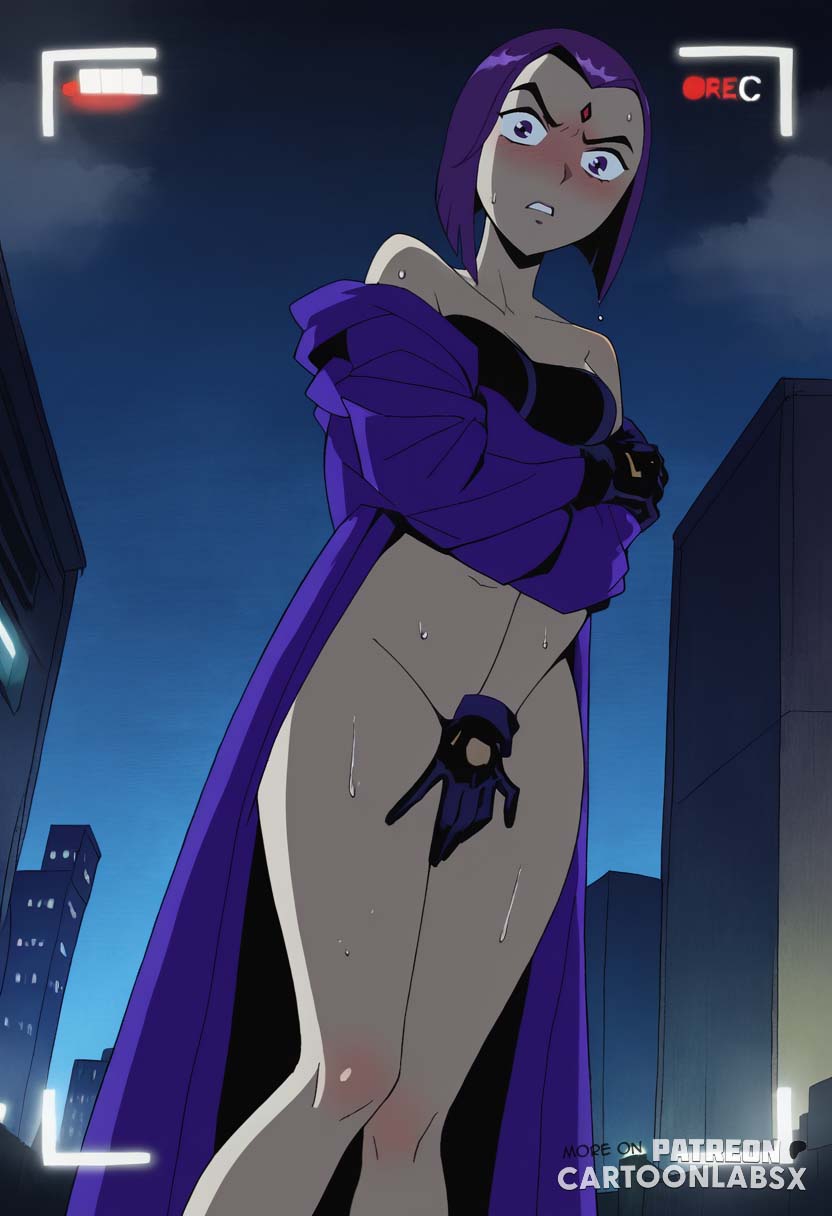 ai generated, camera, camera pov, camera view, cartoon network, cartoony, caught, clothes down, clothes removed, covering, covering crotch, covering self, dc comics, embarrassed, embarrassed female, embarrassed nude exposure, embarrassed nude female, enf, humiliated, humiliating, humiliation, humiliation fetish, naked, nude, nude female, purple hair, rachel roth, raven (dc), recording, recording video, shocked, shocked expression, shocked eyes, superhero, superheroine, teen titans, tv