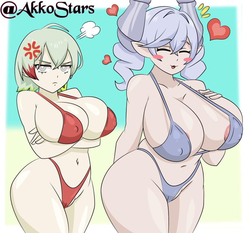 :3, 2girls, akkostars, angry, areolae, arms behind back, astellar diabellstar (sinful spoils), beach background, bikini, blush, breasts, cleavage, closed eyes, commission, curvy, demon, demon girl, demon horns, diabellstar the black witch, duel monster, earrings, female, female only, fringe, grabbing, grabbing own breast, grey eyes, grey hair, hand on breast, heart, hi res, hips, jealousy, konami, labrynth of the silver castle, lady labrynth of the silver castle, large breasts, light skin, looking at another, looking at viewer, lovely labrynth of the silver castle, mature female, milf, navel, pale skin, pale-skinned female, pointy ears, princess, queen, red bikini, short hair, silver bikini, silver eyes, silver hair, sinful spoils (yu-gi-oh!), standing, thighs, twin drills, twintails, voluptuous female, white hair, younger female, yu-gi-oh!