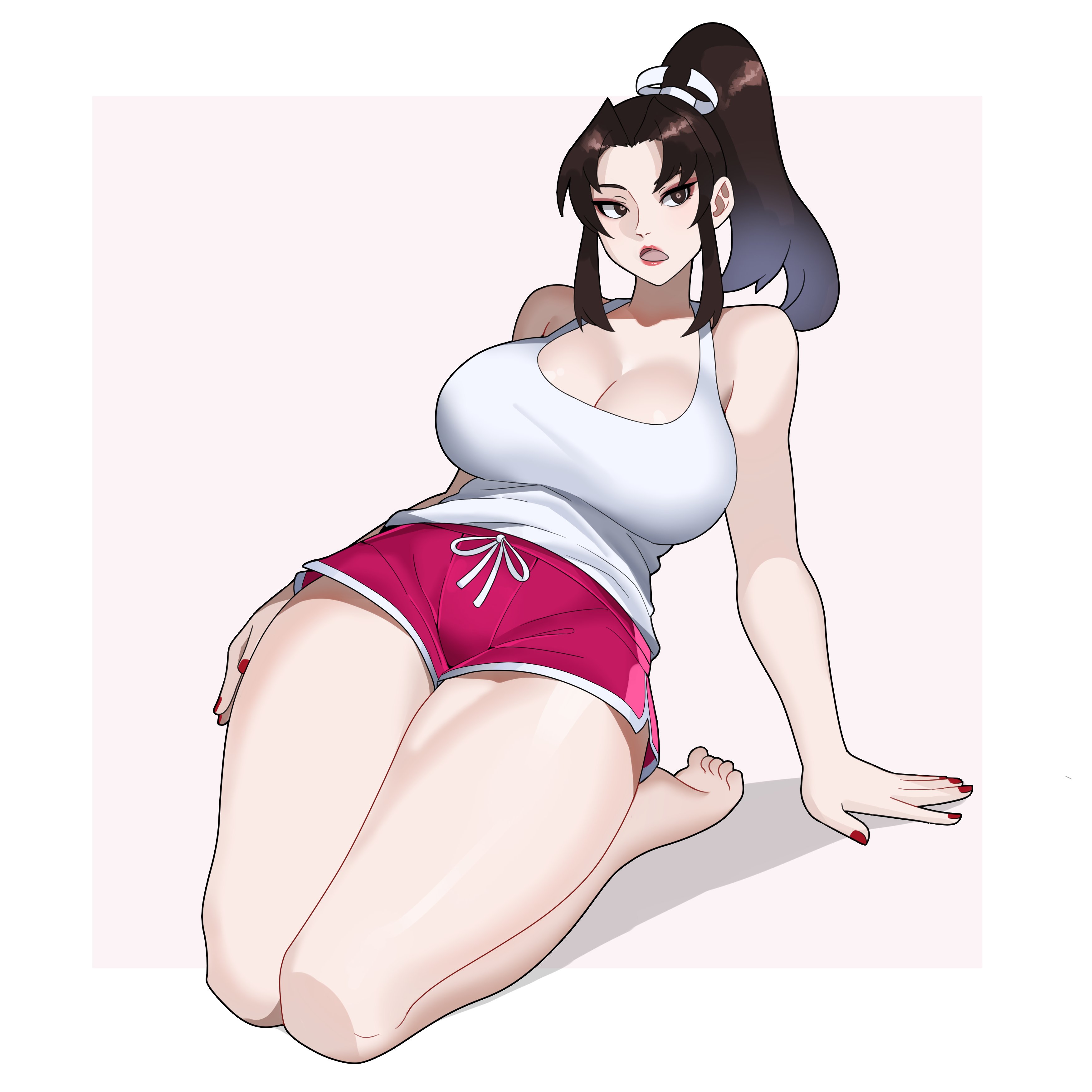 1girls, absurd res, absurdres, alternate costume, asian, asian female, bare arms, bare legs, bare shoulders, bare thighs, barefoot, bbw, big breasts, booty shorts, breasts, brown eyes, brown hair, busty, cleavage, fatal fury, fatal fury: city of the wolves, feet, female, female focus, female only, hair ribbon, hi res, high resolution, highres, japanese female, king of fighters, kneeling, kof, large breasts, light skin, light-skinned female, lips, lipstick, long legs, mai shiranui, mai shiranui (casual), makeup, minishorts, nail polish, on knees, open mouth, painted nails, pale skin, pale-skinned female, pink lips, pink lipstick, pinup, ponytail, red nail polish, red nails, ribbon, short shorts, shorts, sleeveless, sleeveless shirt, snk, snk heroines: tag team frenzy, soles, solo, solo female, solo focus, street fighter, street fighter 6, tank top, the king of fighters, thick thighs, thighs, thunder thighs, tied hair, toe curl, toe scrunch, toes, underwear, very high resolution, whysoblau