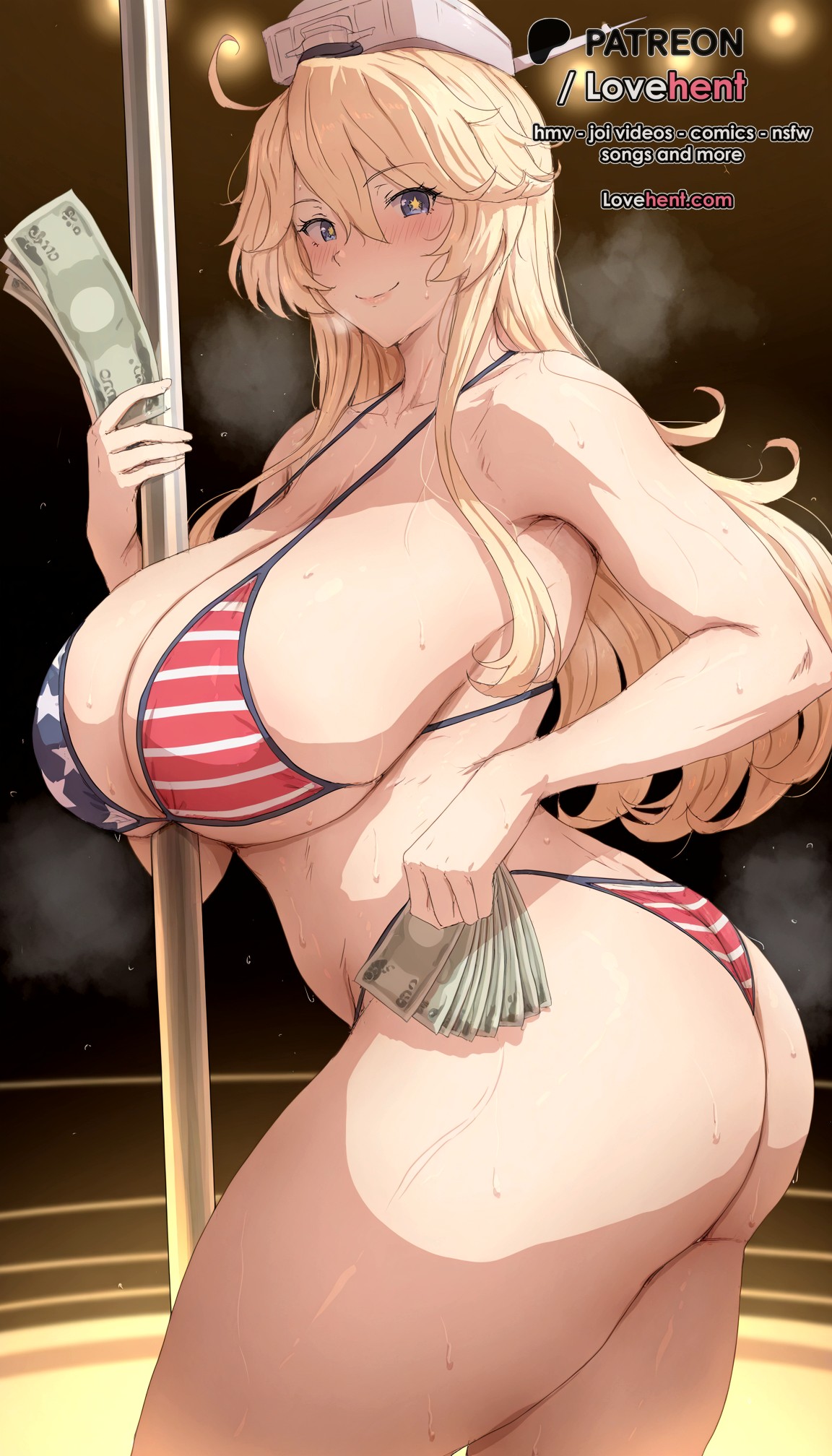 1girls, ai generated, american flag bikini, american flag print, ass, banknote, bare shoulders, bikini, blonde hair, blue eyes, blush, breasts, cleavage, closed mouth, collarbone, cowboy shot, female, flag print, from side, hair between eyes, headgear, holding, holding money, huge breasts, iowa (kantai collection), kantai collection, large breasts, long hair, looking at viewer, lovehent, money, pole, pole dancing, prostitution, sideboob, smile, solo, stage lights, standing, star (symbol), star-shaped pupils, stripper, stripper pole, sweat, swimsuit, symbol-shaped pupils, thick thighs, thighs, thong bikini