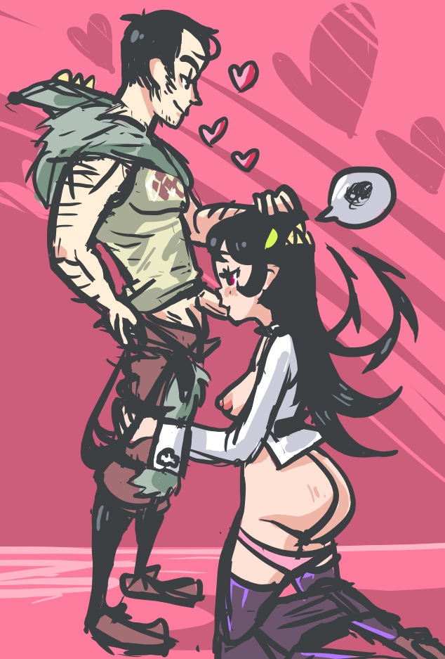 <3 beowulf_(skullgirls) black_eyes black_hair bleedingpervert breasts clothed fellatio female filia_(skullgirls) hairy human male muscular on_knees oral panties_down pants_down penis penis_out red_eyes samson_(skullgirls) sex sideburns skullgirls sucking tagme