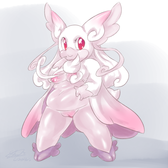 2014 audino big_ears breasts chubby looking_at_viewer mega_audino nintendo nude pokemon pussy red_eyes soina standing video_games